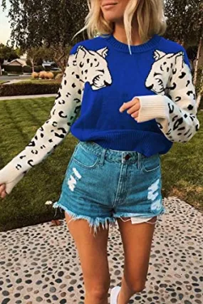 Casual Leopard Printed Patchwork Long Sleeves Knitted Pullover Cropped Sweater