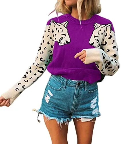 Casual Leopard Printed Patchwork Long Sleeves Knitted Pullover Cropped Sweater