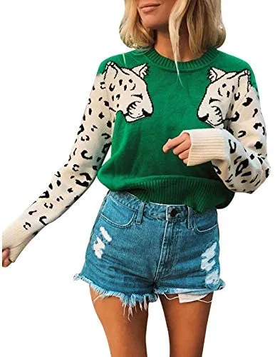 Casual Leopard Printed Patchwork Long Sleeves Knitted Pullover Cropped Sweater