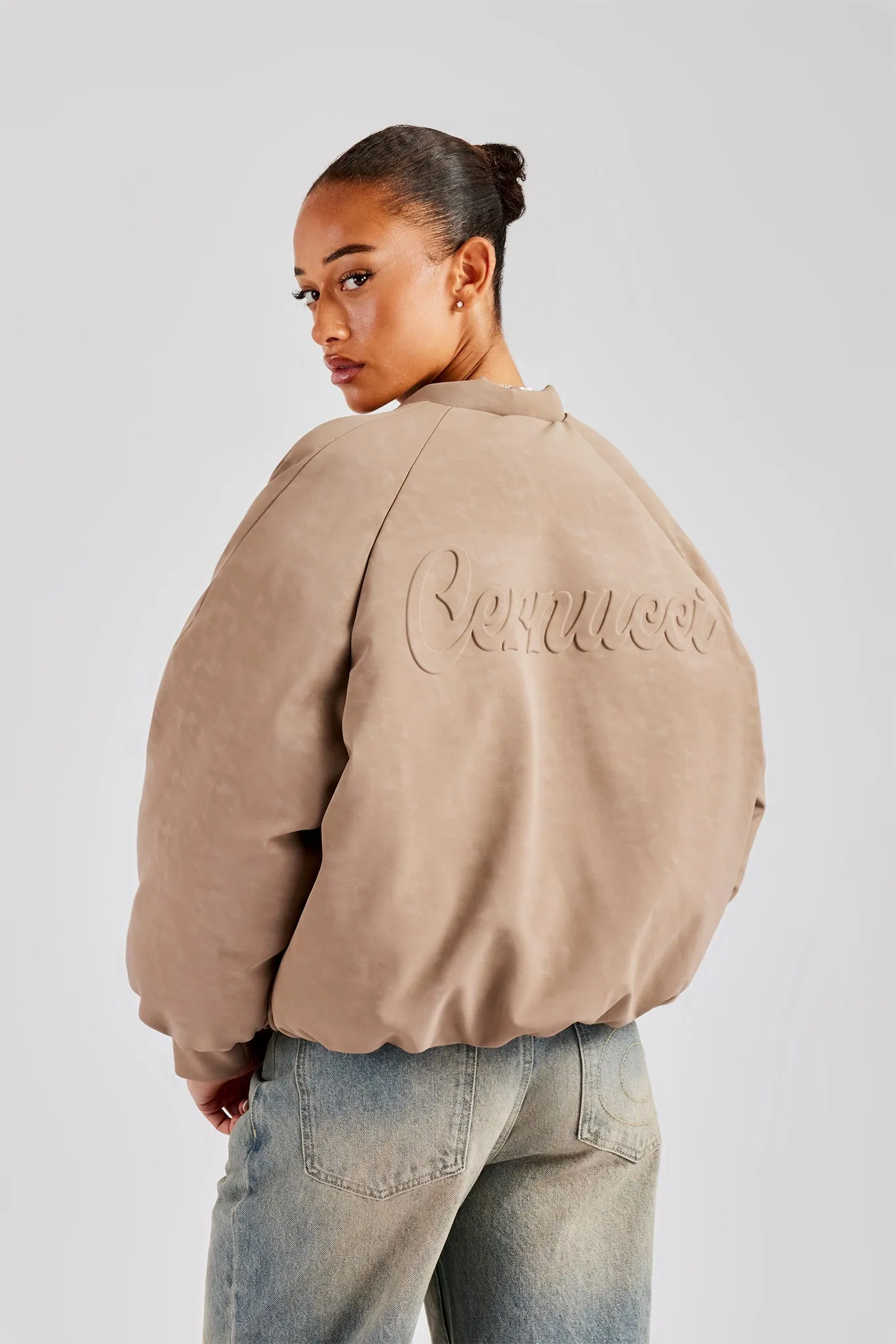 Cernucci Cropped PU Puffer Bomber Jacket - Taupe