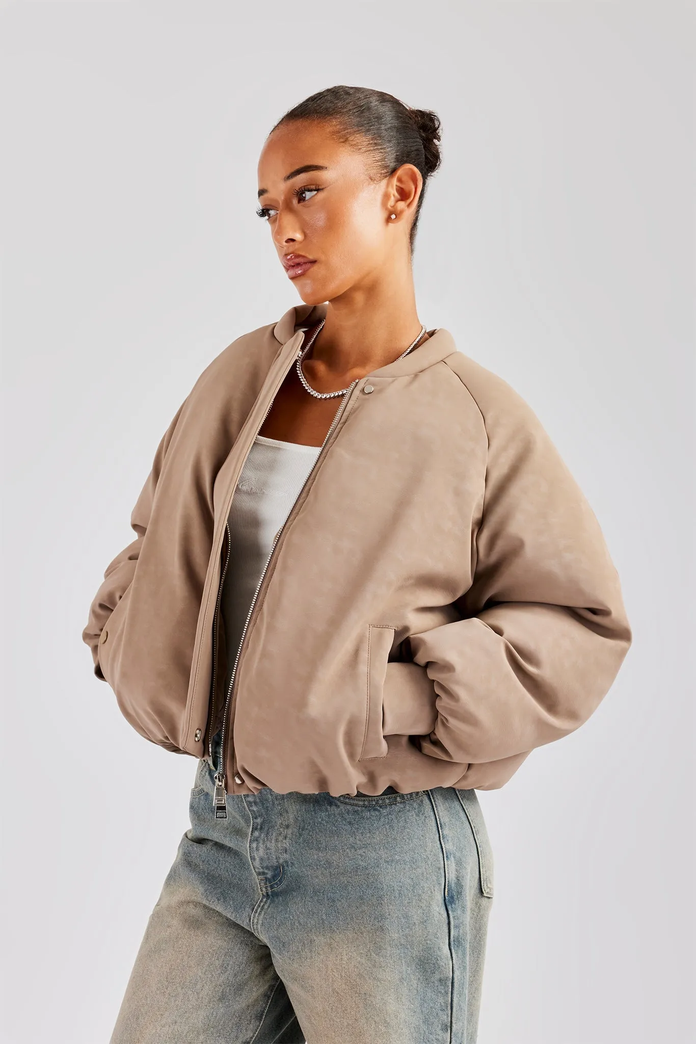 Cernucci Cropped PU Puffer Bomber Jacket - Taupe