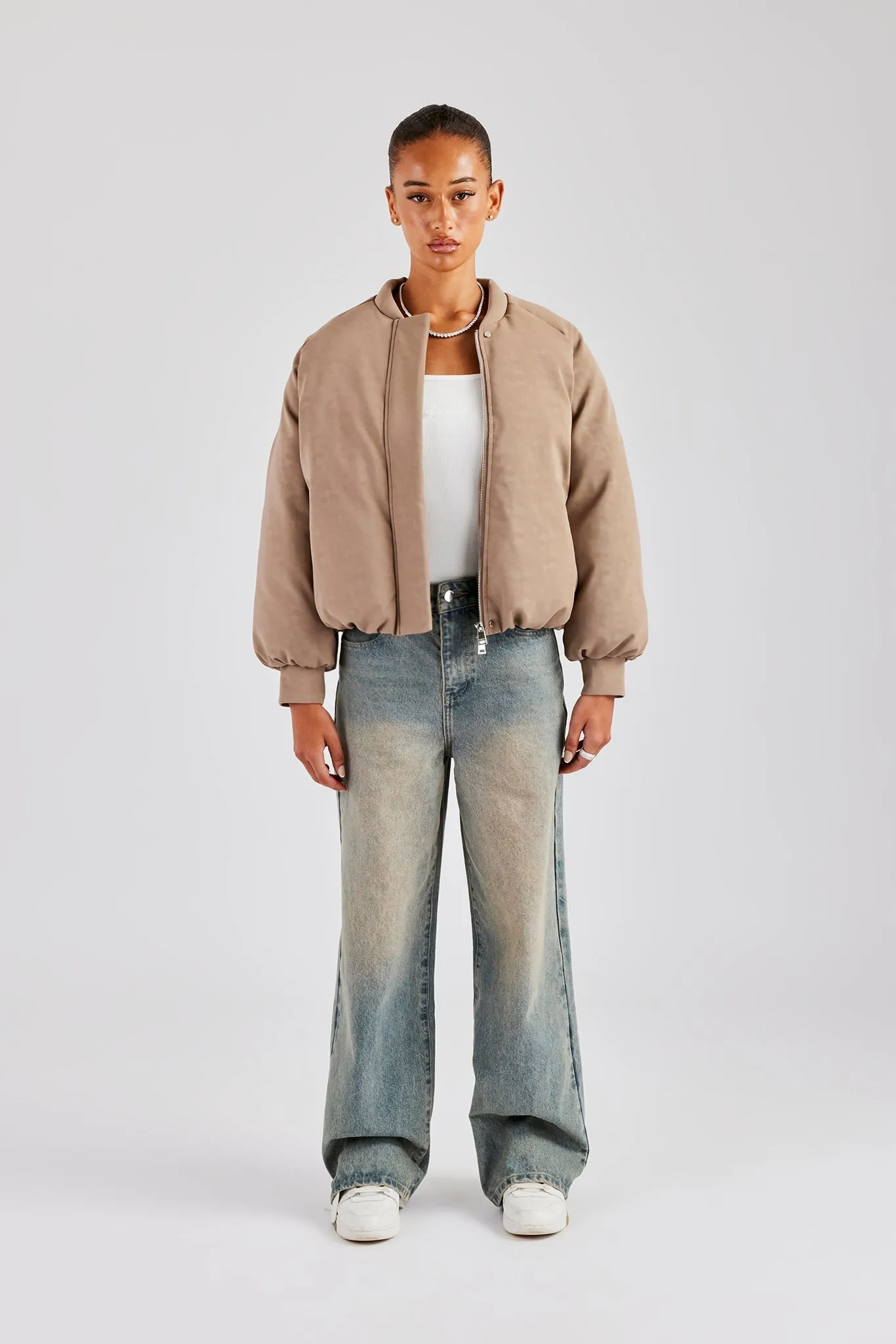 Cernucci Cropped PU Puffer Bomber Jacket - Taupe