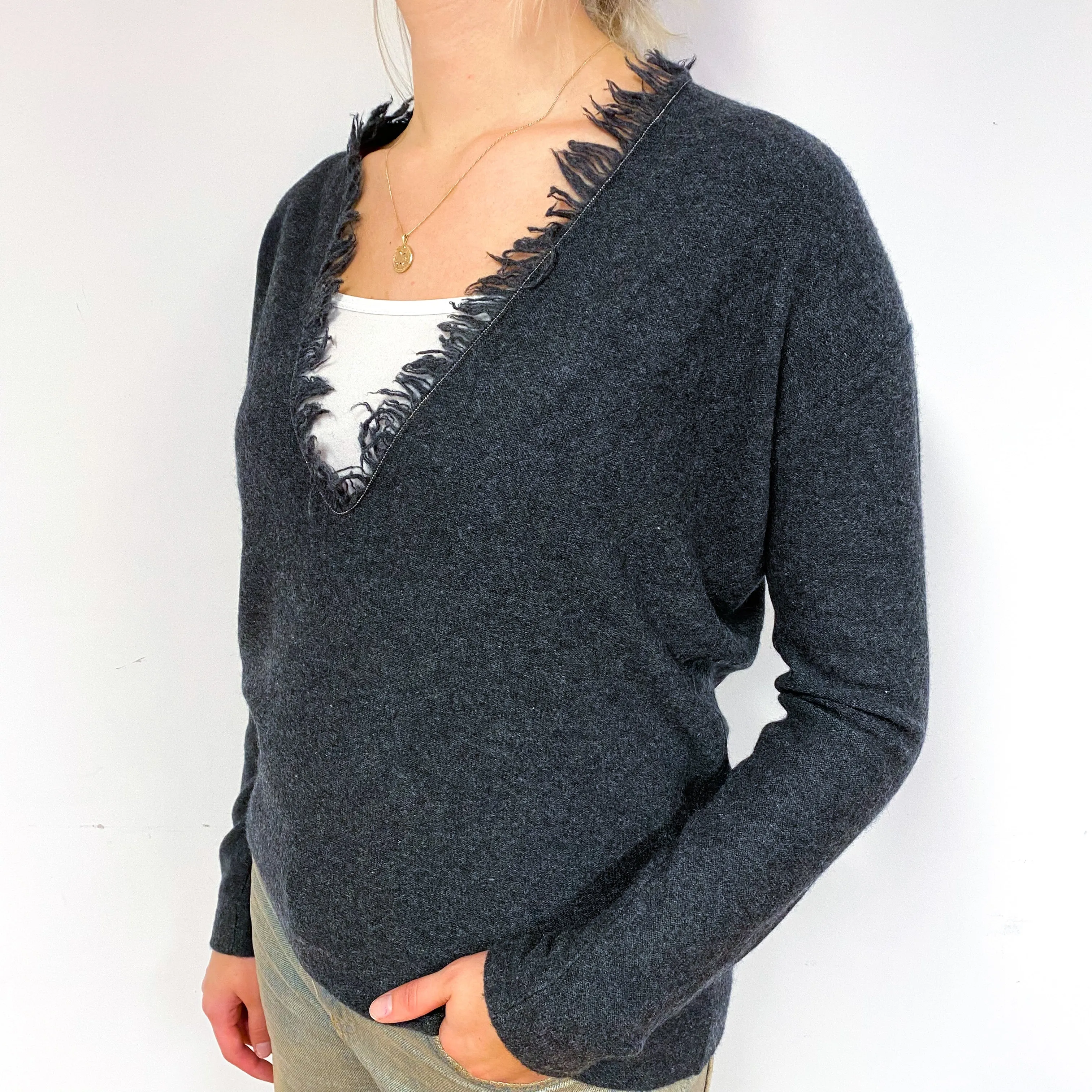 Charcoal Grey Cashmere Fringed V-Neck Jumper Small