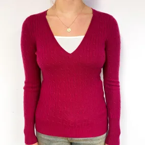 Cherry Pink Cable Cashmere V-Neck Jumper Small