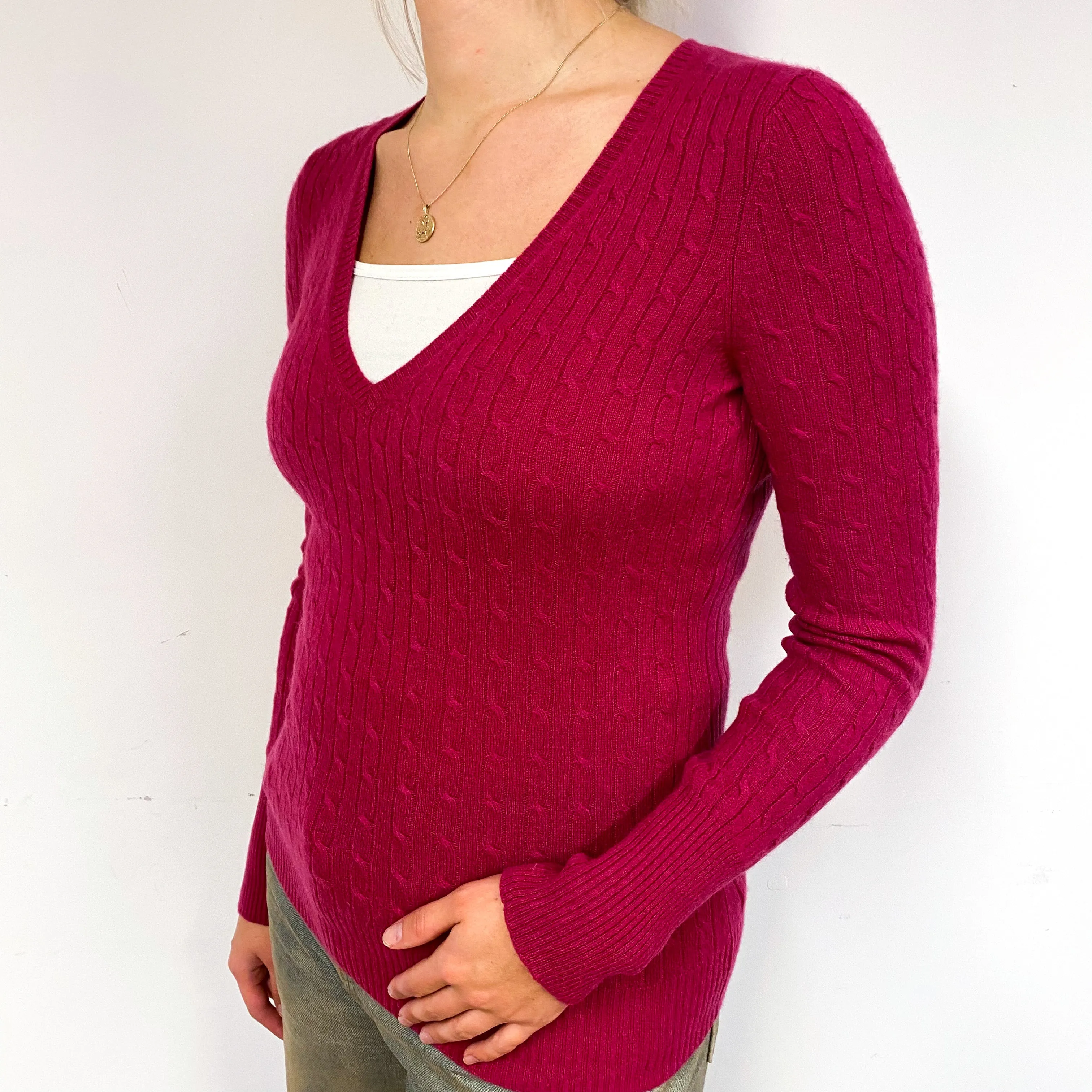 Cherry Pink Cable Cashmere V-Neck Jumper Small