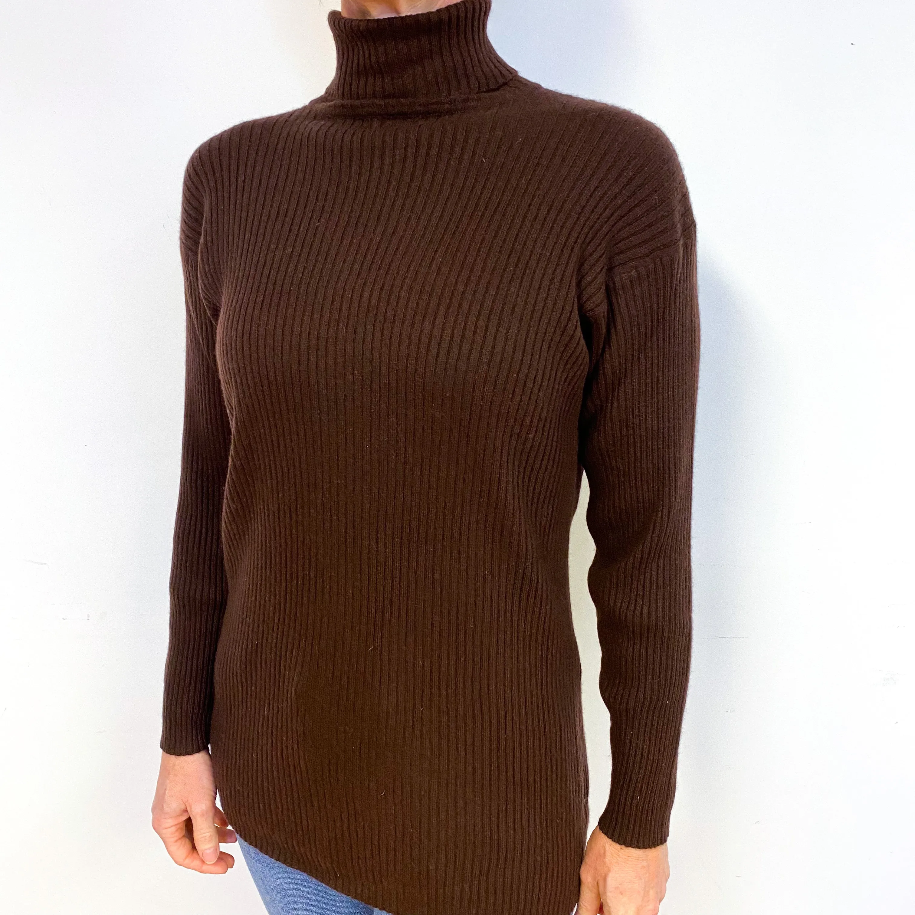 Chocolate Brown Ribbed Cashmere Polo Neck Jumper Medium