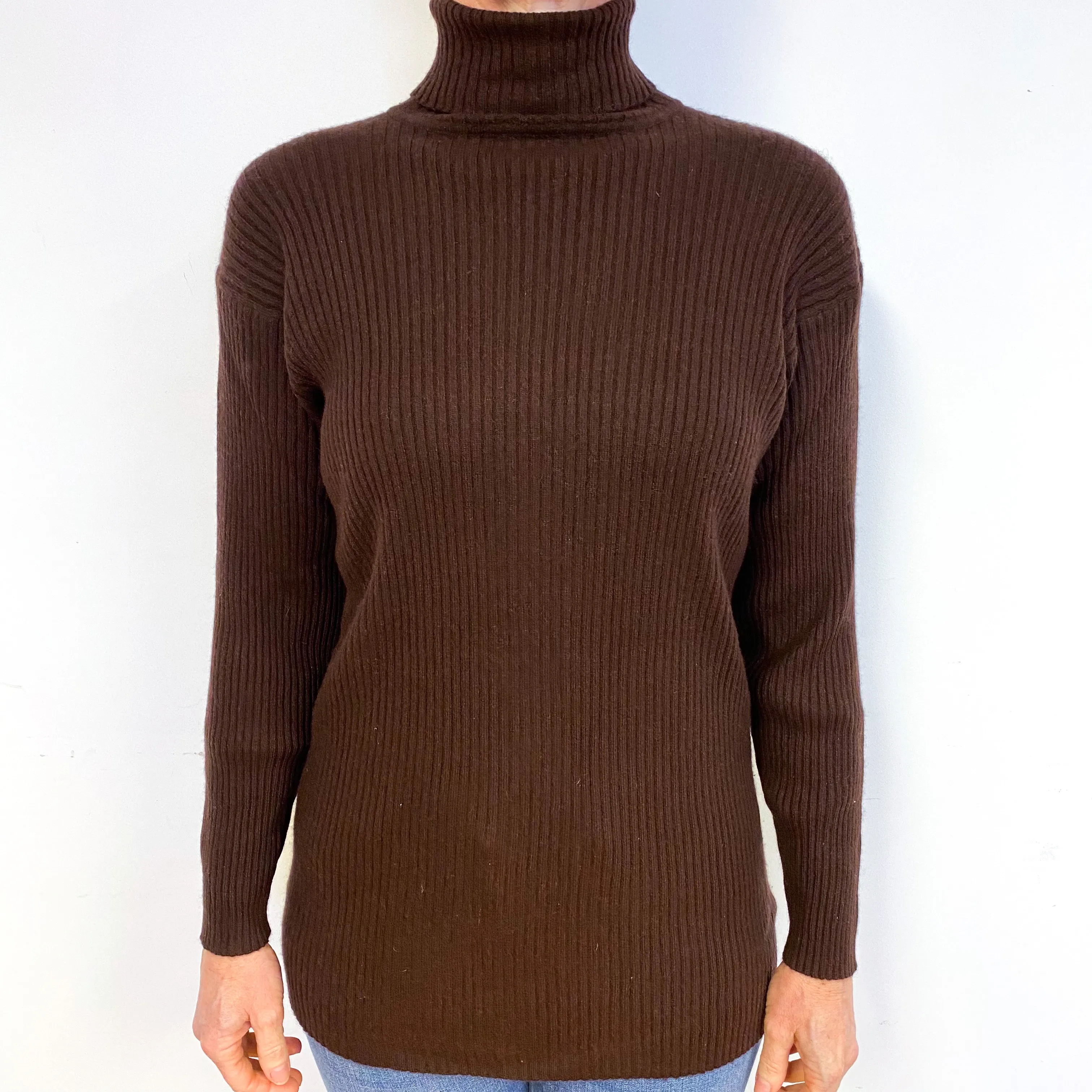 Chocolate Brown Ribbed Cashmere Polo Neck Jumper Medium