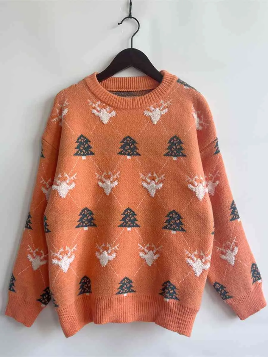 Christmas Tree & Reindeer Round Neck Sweater