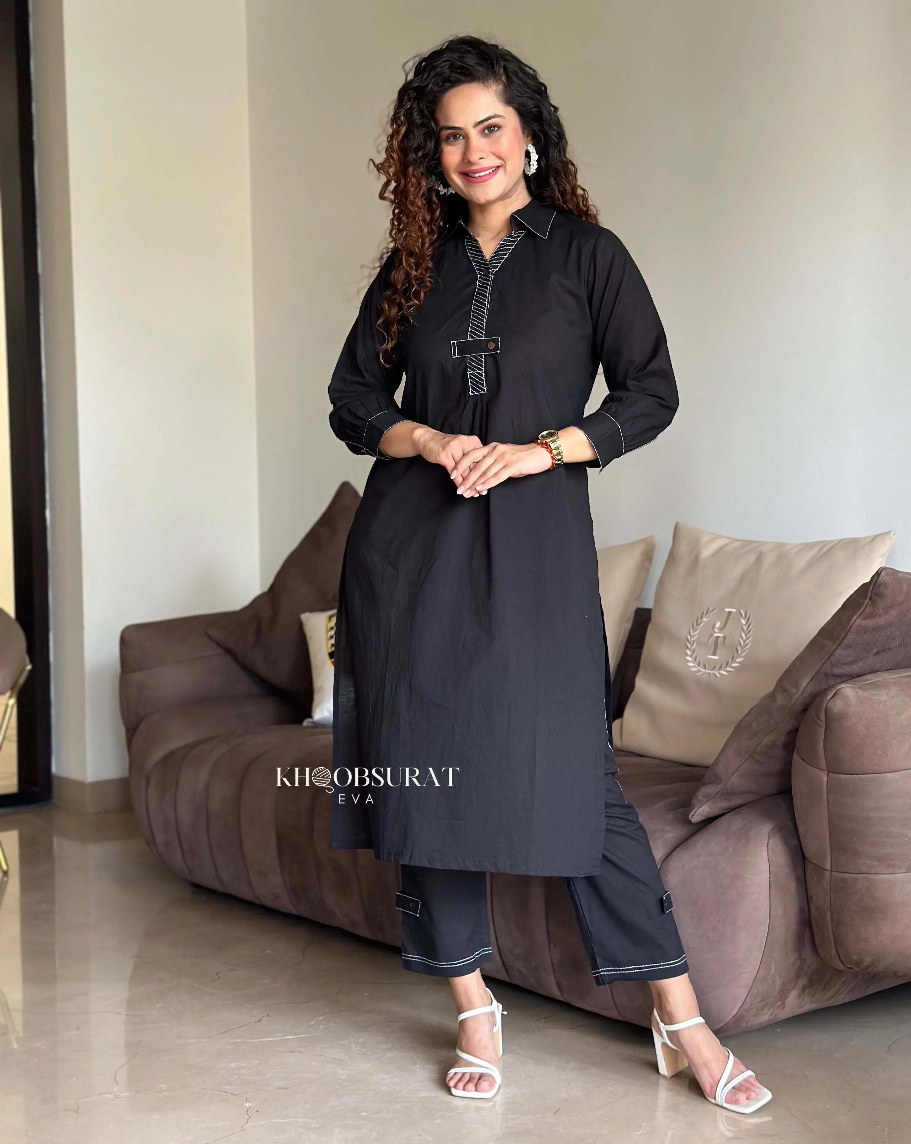 Cotton Casual Black Kurta Set