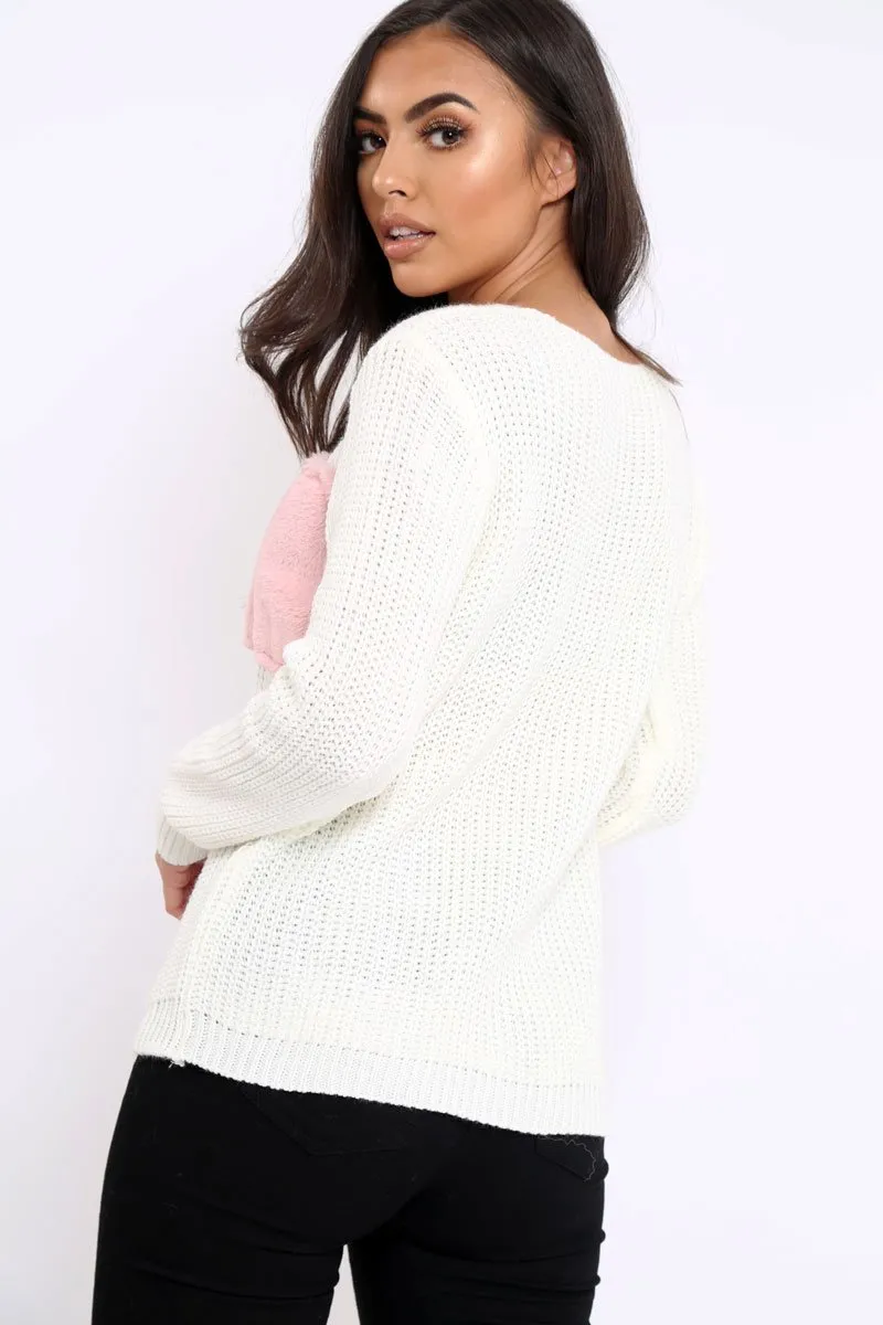 Cream Chunky Knit Faux Fur Front Panel Jumper - Ophelia