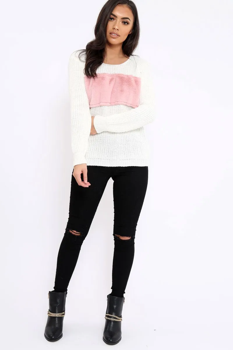 Cream Chunky Knit Faux Fur Front Panel Jumper - Ophelia