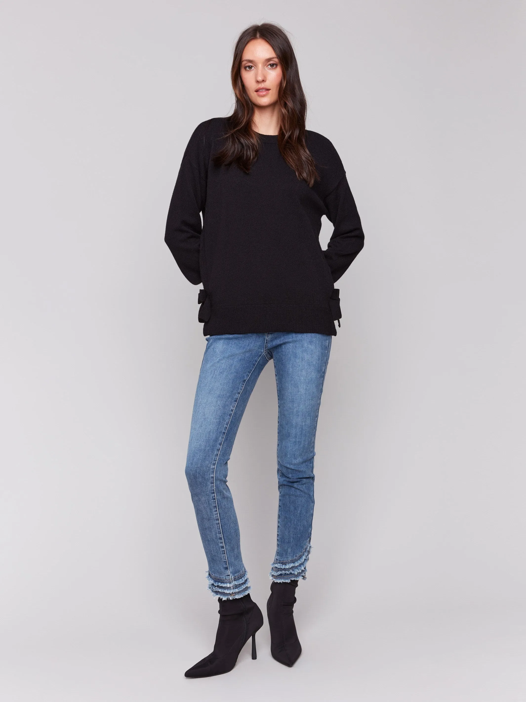 Crew Neck Sweater with Side Bows - Black