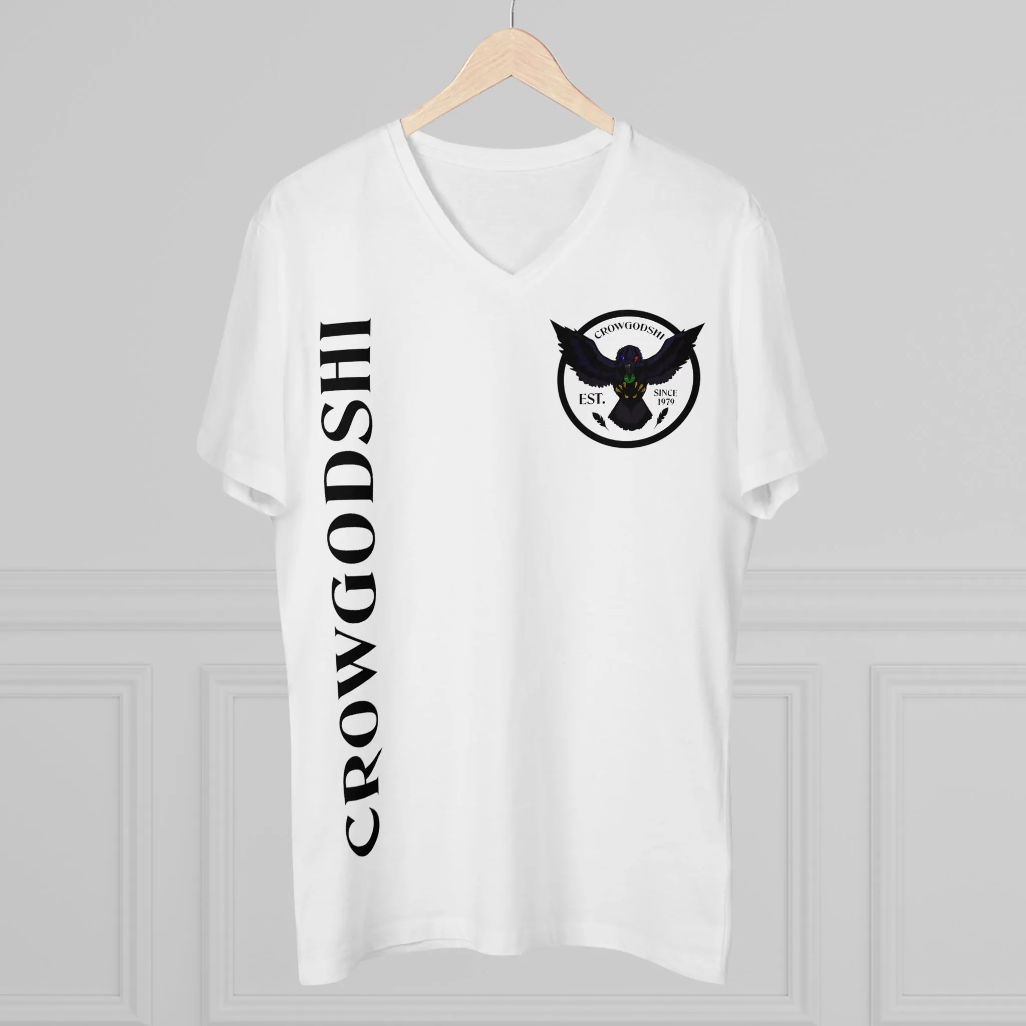 Crowgodshi Designer First Generation Men’s Presenter V-neck, WHITE LOGO