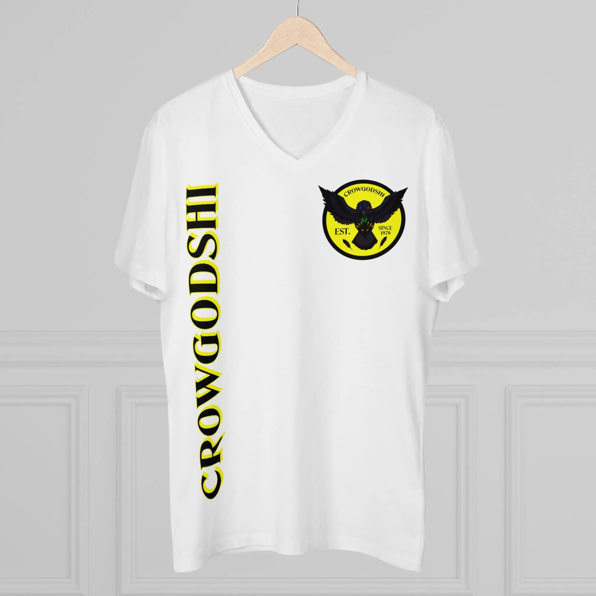 Crowgodshi Designer First Generation Men’s Presenter V-neck, YELLOW LOGO