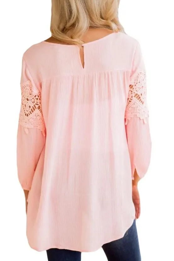 Cute Pink Crochet Detail Long Sleeve Babydoll Top