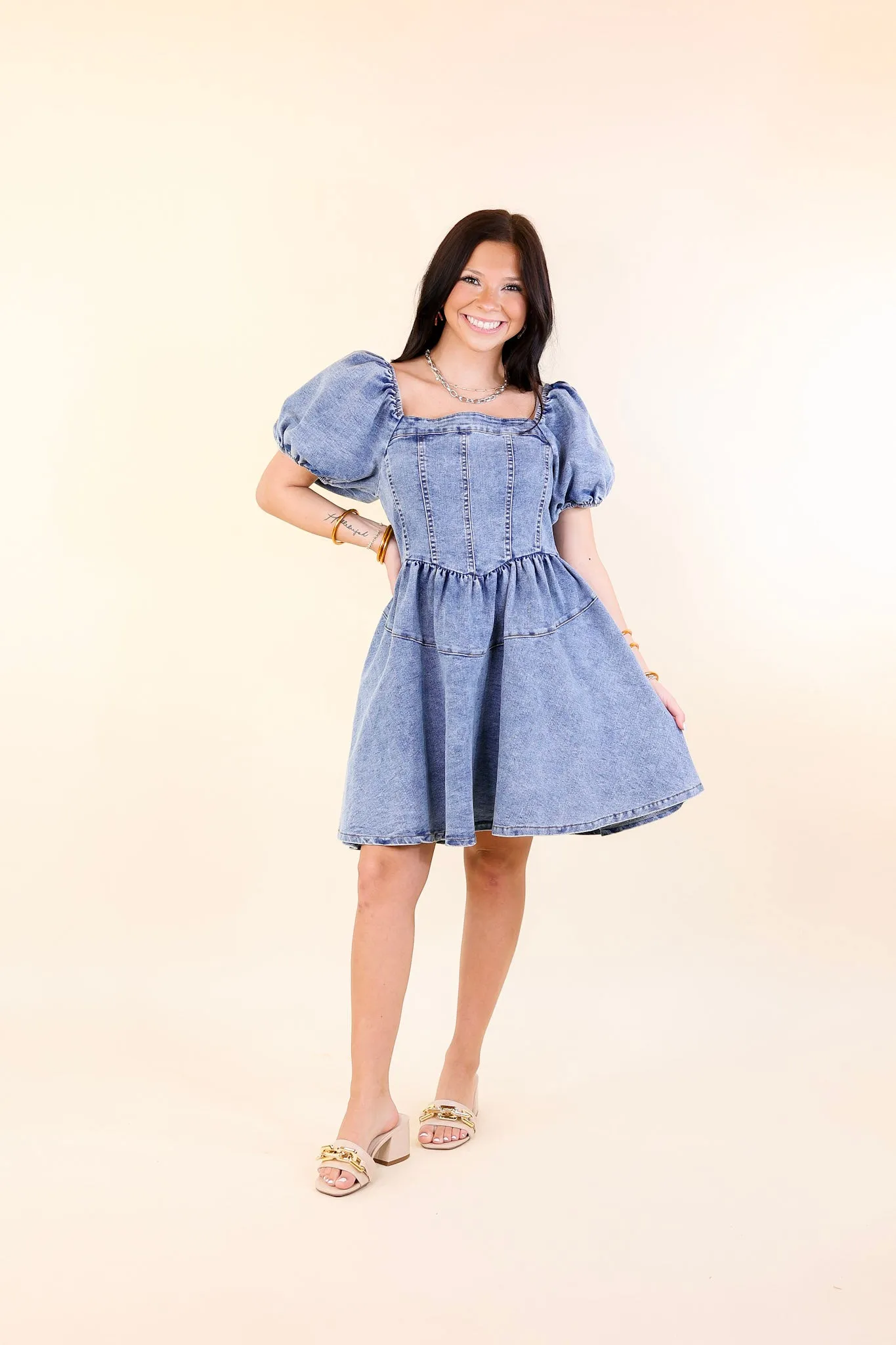 Denim Delight Babydoll Dress with Puff Sleeves in Medium Wash