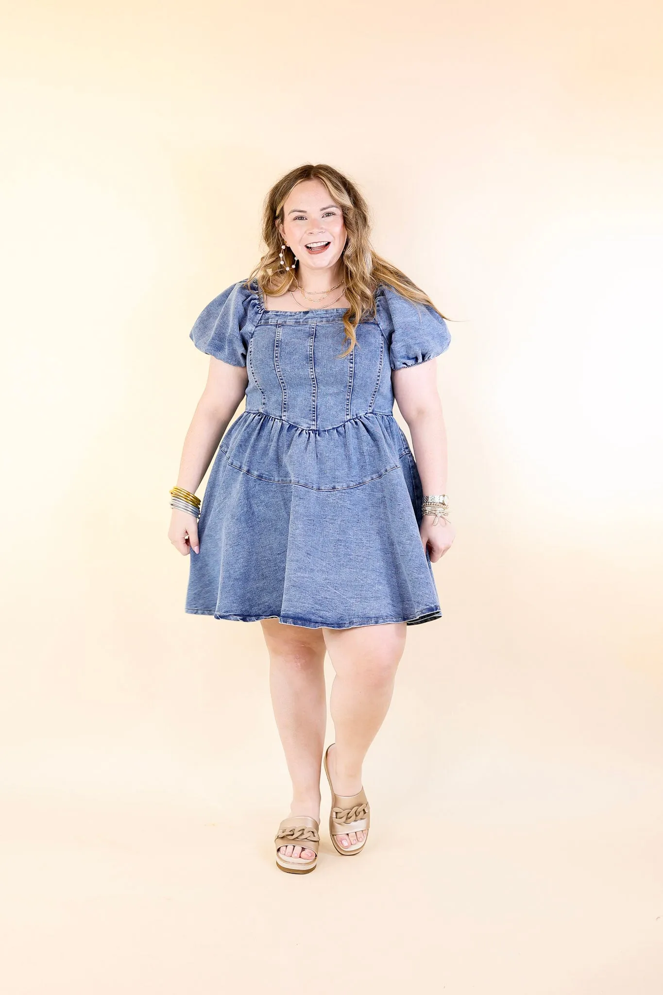 Denim Delight Babydoll Dress with Puff Sleeves in Medium Wash