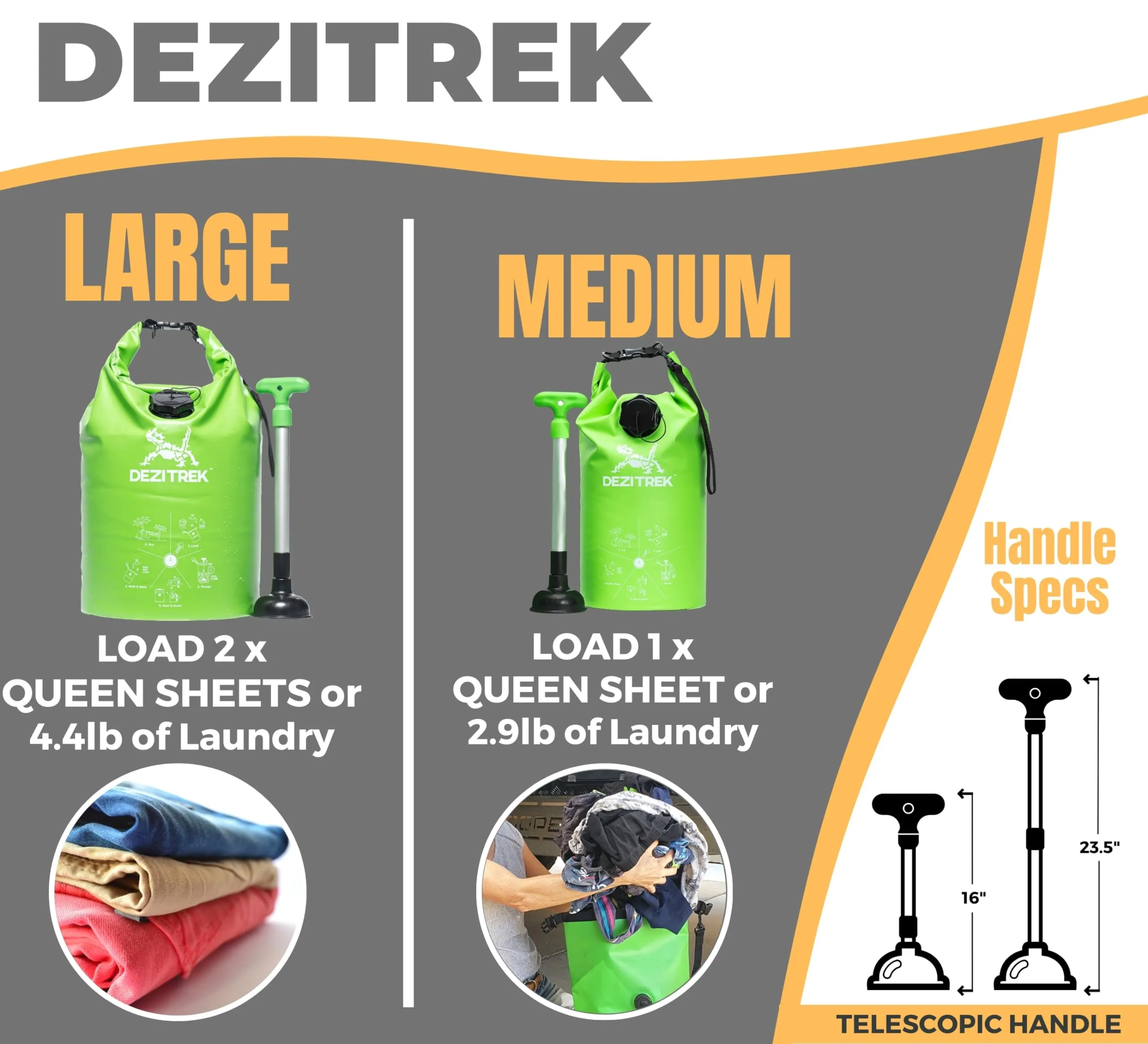 Dezitrek LARGE All in One Hand Wash Bag and Plunger Set - Off Grid Washing Machine Non Electric for Camping Travel | Eco Friendly Portable Manual Clothes Washer Laundry Bag for RV's, Apartments