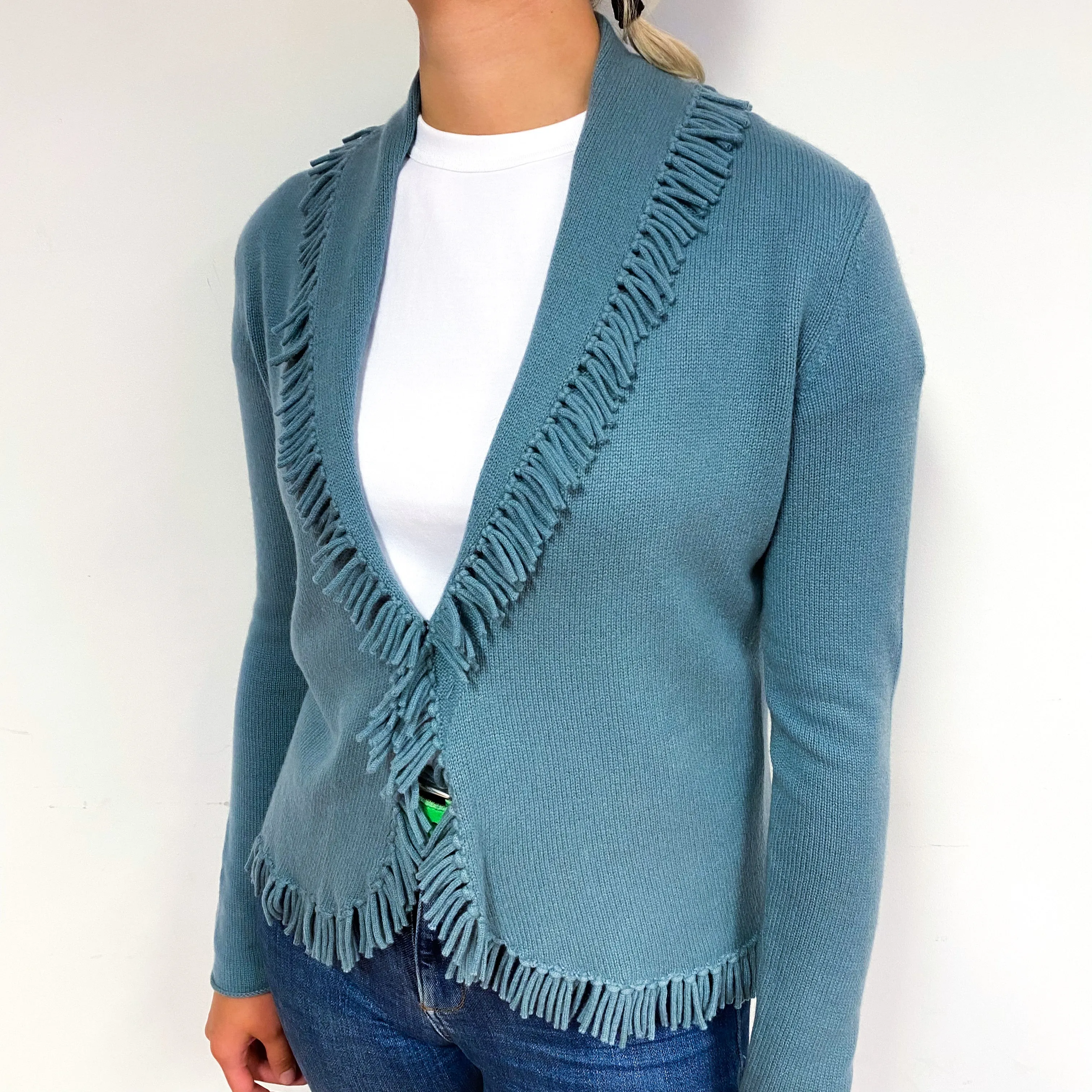 Dusky Blue Fringed Cashmere V-Neck Cardigan Small