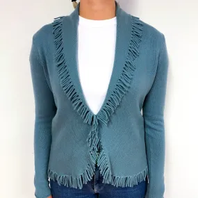 Dusky Blue Fringed Cashmere V-Neck Cardigan Small