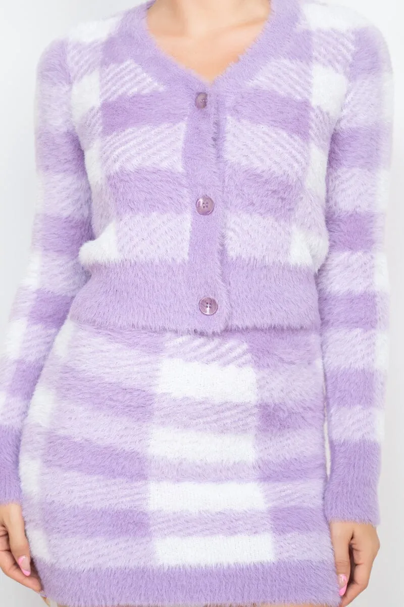 Dusty Lavender Purple Plaid Front Button Long Sleeve V Neck Crop Sweater Cardigan Top_