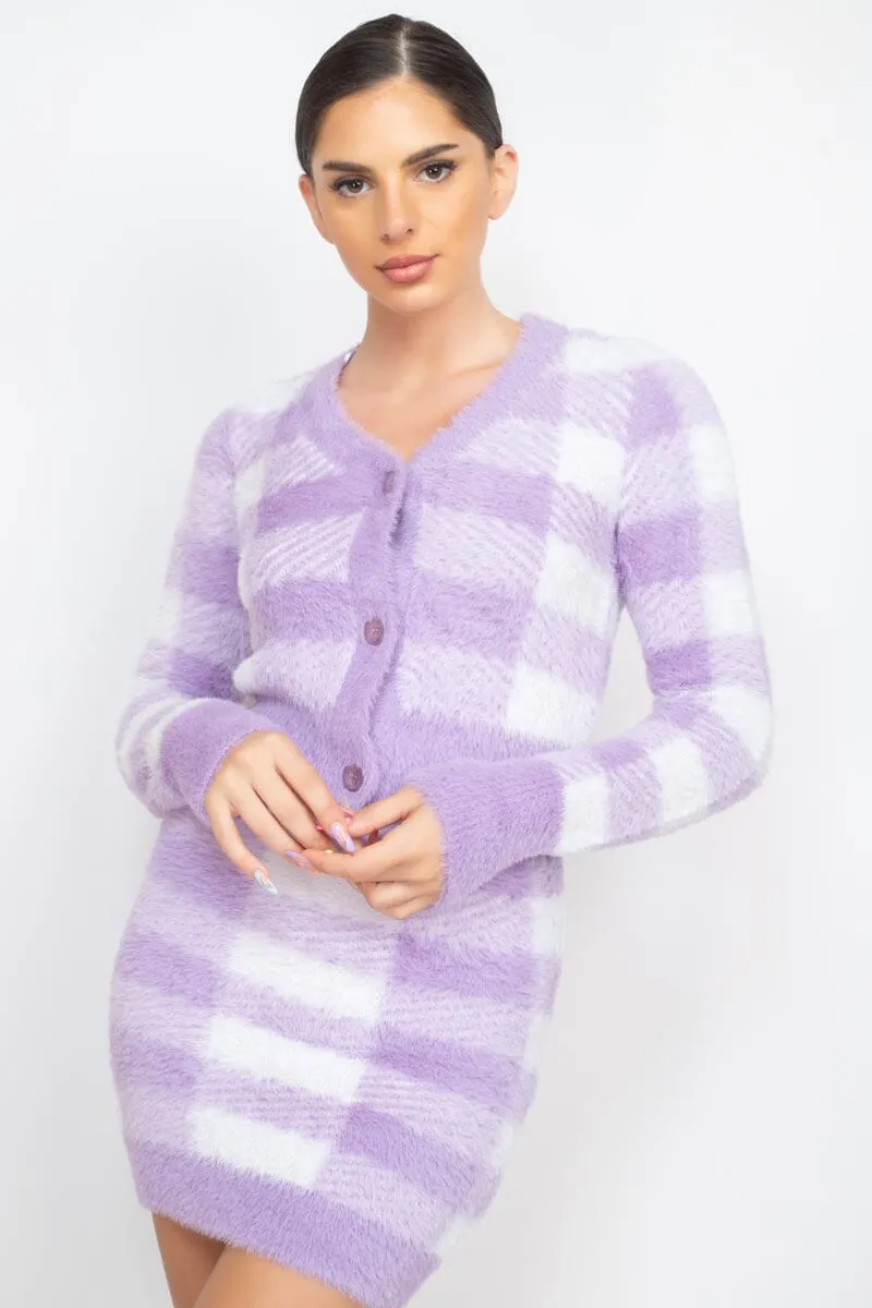 Dusty Lavender Purple Plaid Front Button Long Sleeve V Neck Crop Sweater Cardigan Top_