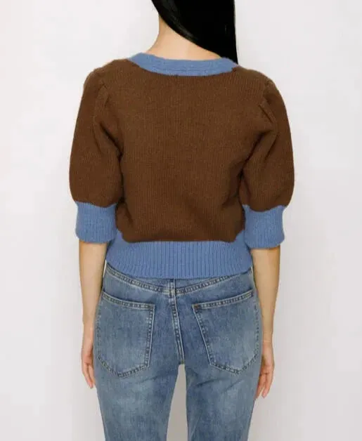 Eloise Two-Tone Quarter Sleeve Button Front Sweater