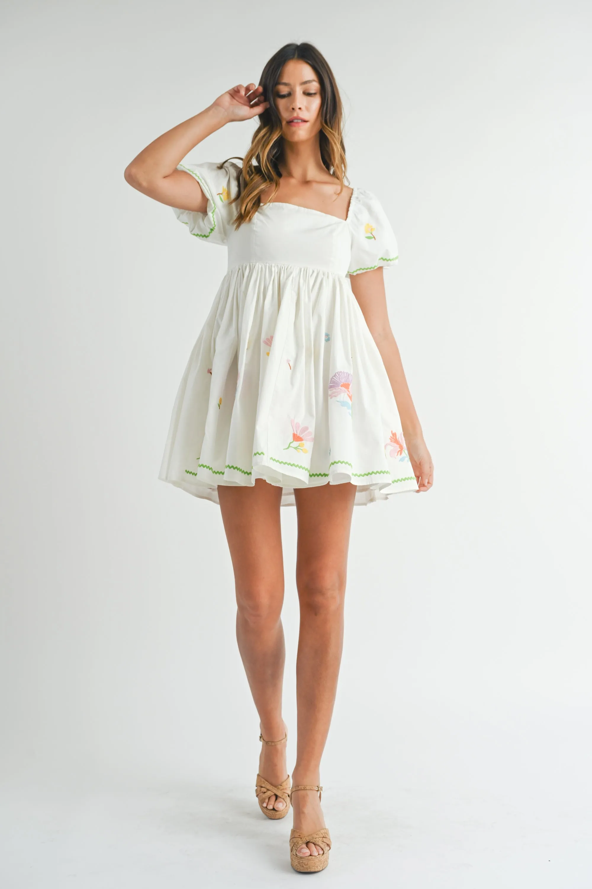 Embroidered Babydoll Mini Dress