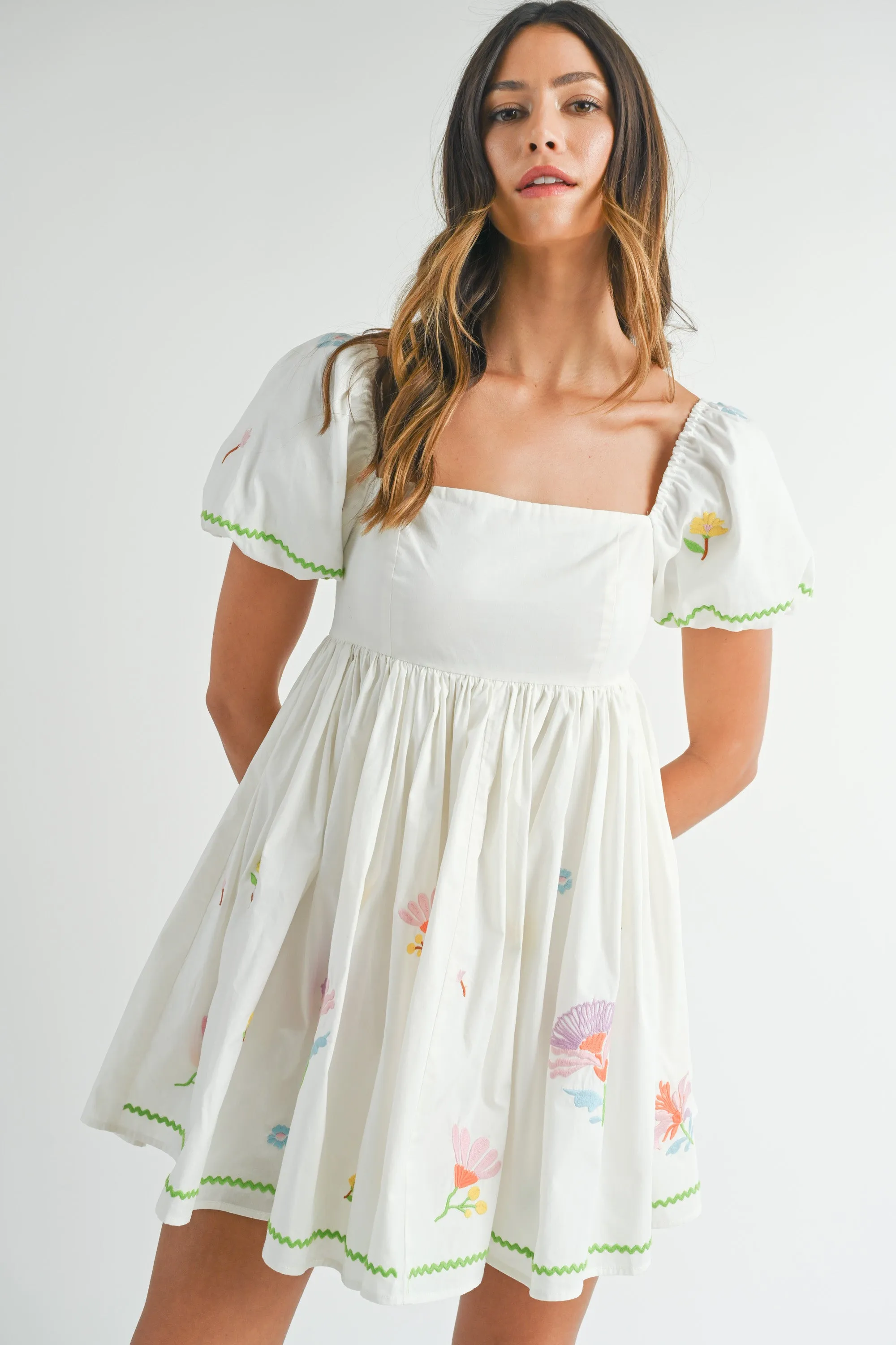 Embroidered Babydoll Mini Dress