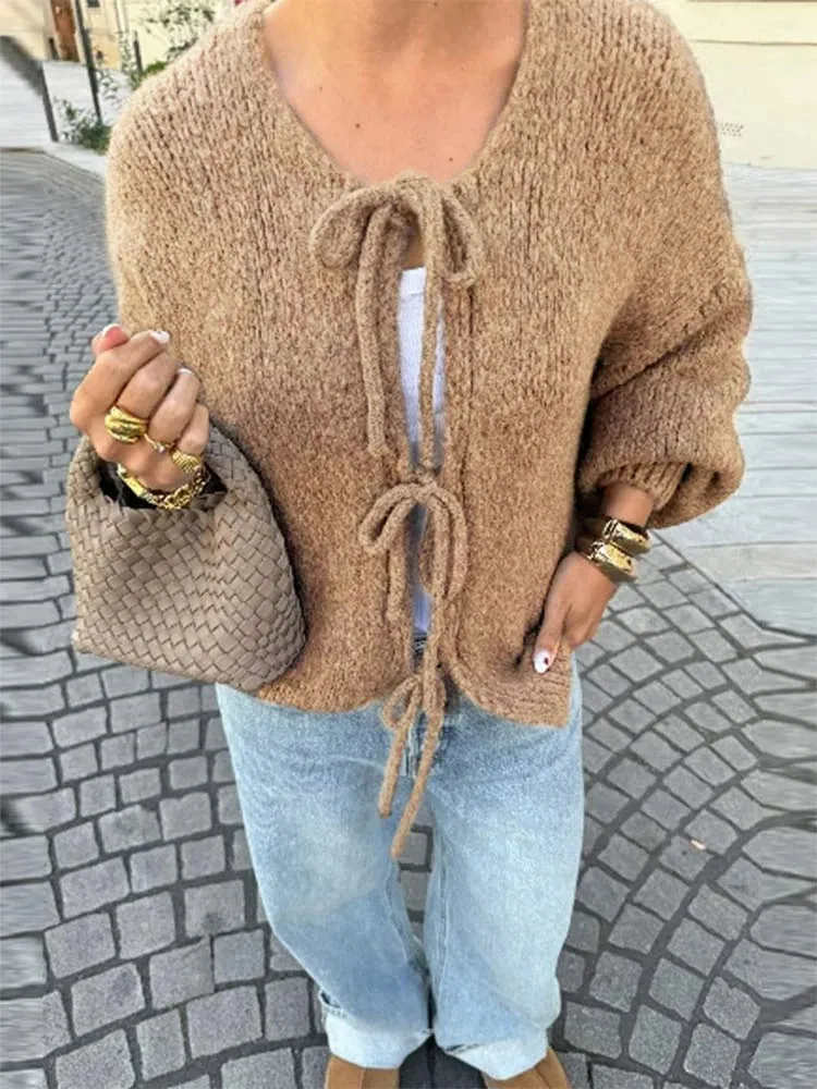 Fashion Casual Brown Lace Up Bow Knitted Cardigan O-neck Long Sleeve Hollow Out Sweater 2024 Autumn Female High Street Knitwear