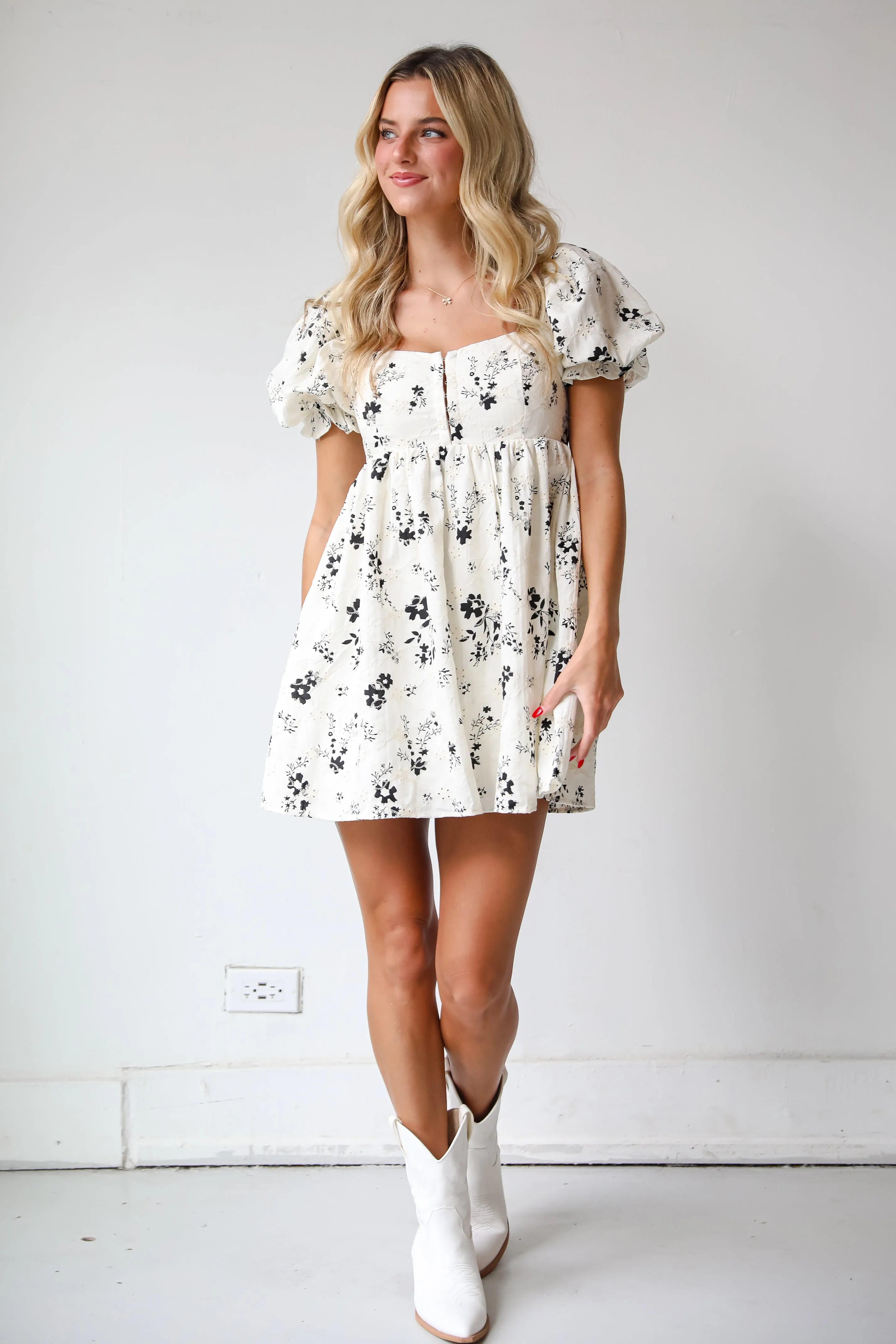 FINAL SALE - VIP Treatment Ivory Floral Babydoll Mini Dress