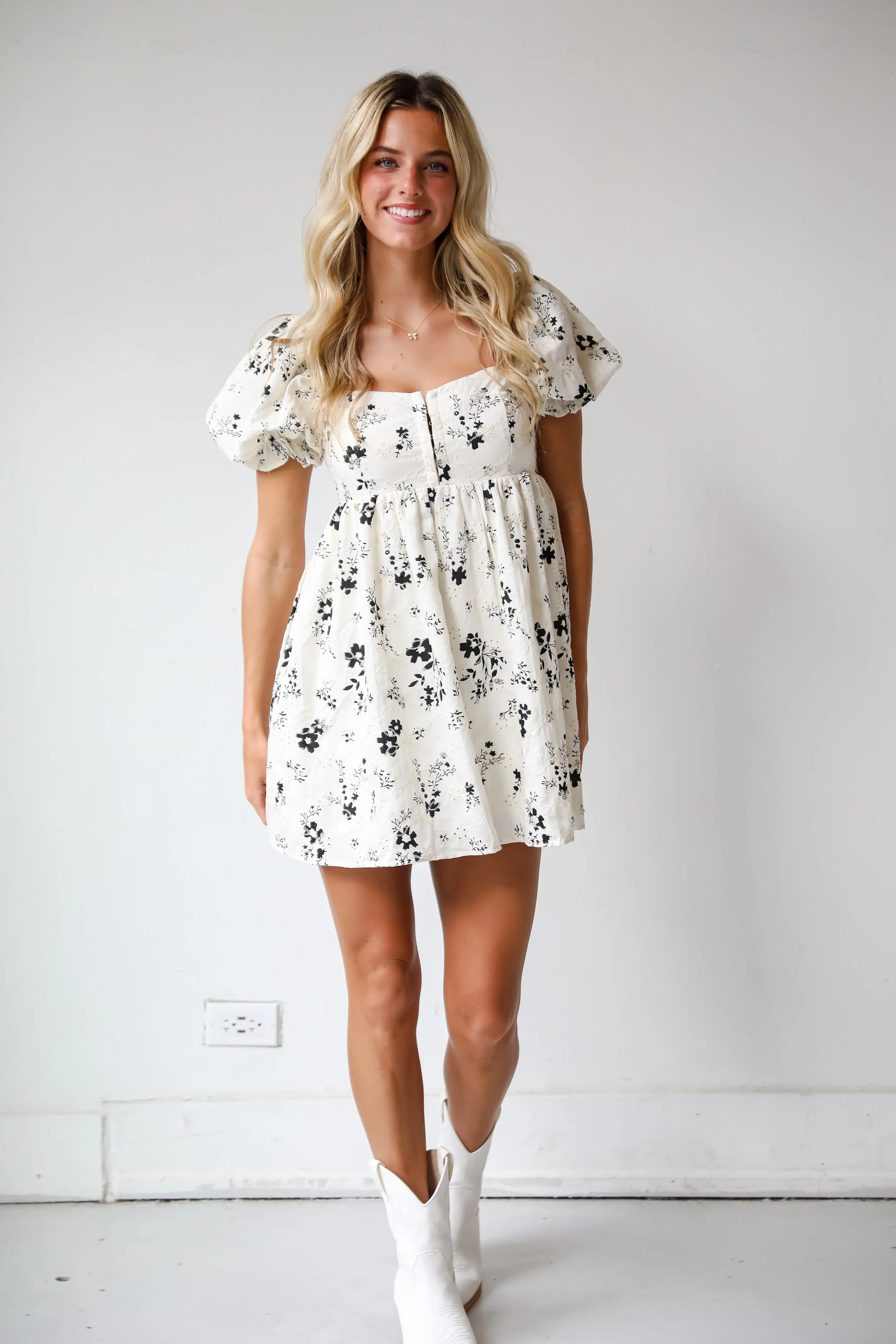 FINAL SALE - VIP Treatment Ivory Floral Babydoll Mini Dress