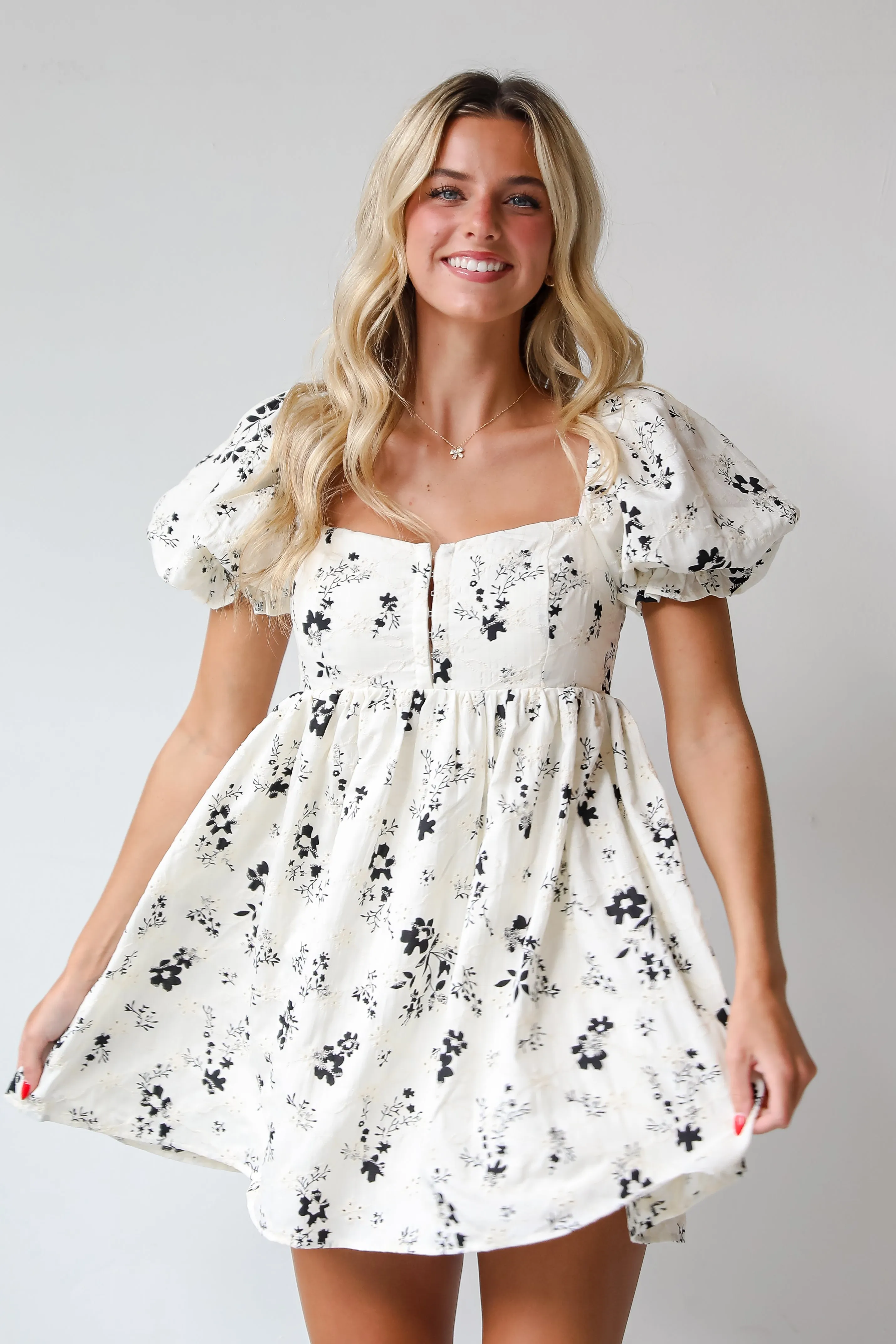 FINAL SALE - VIP Treatment Ivory Floral Babydoll Mini Dress