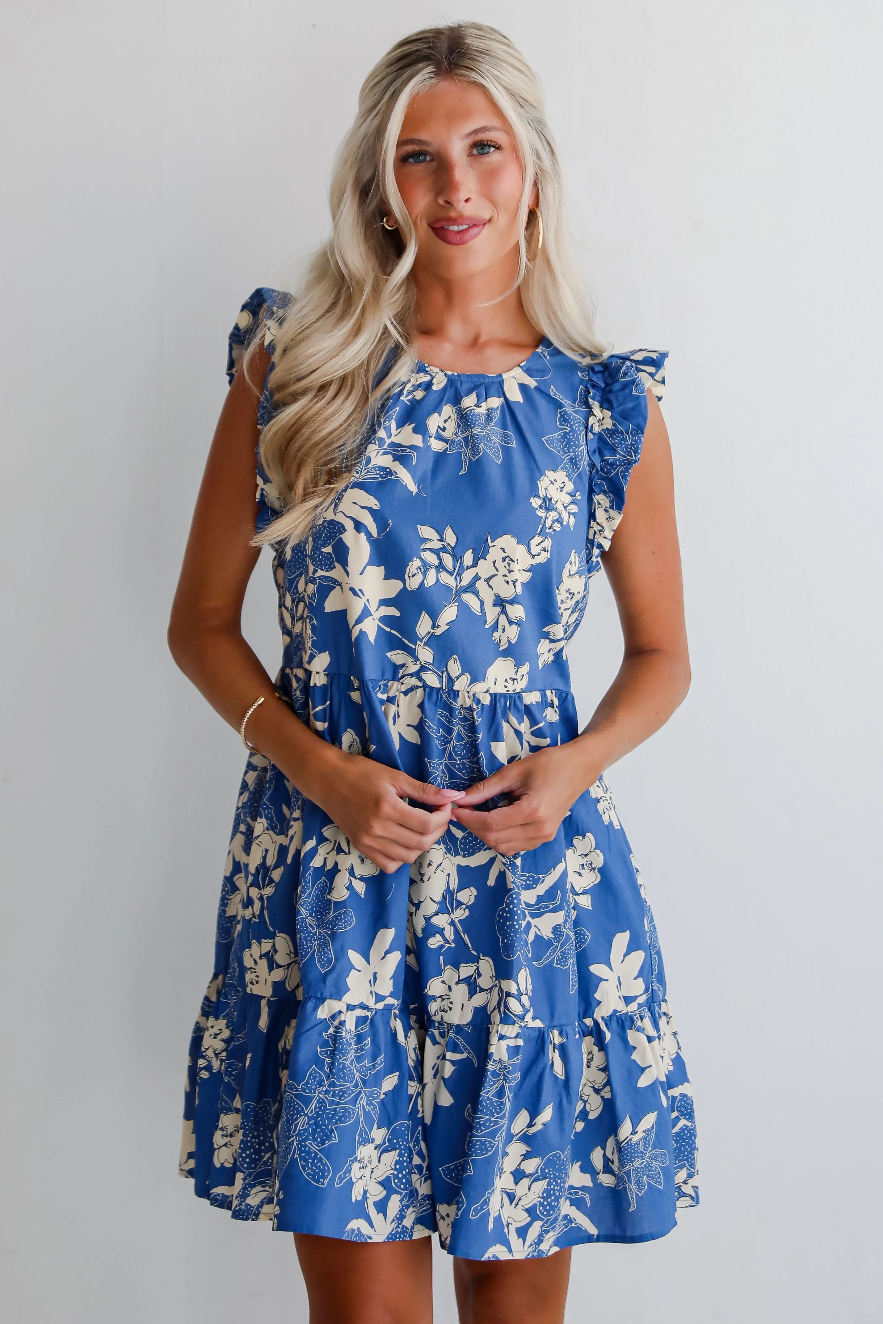 Flirtatious Poise Blue Floral Tiered Mini Dress