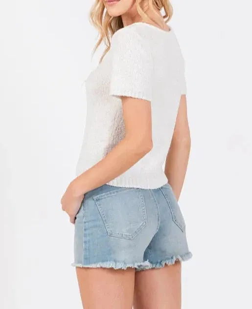 Fuzzy Cloud Towel Knit Short Sleeve Top in White