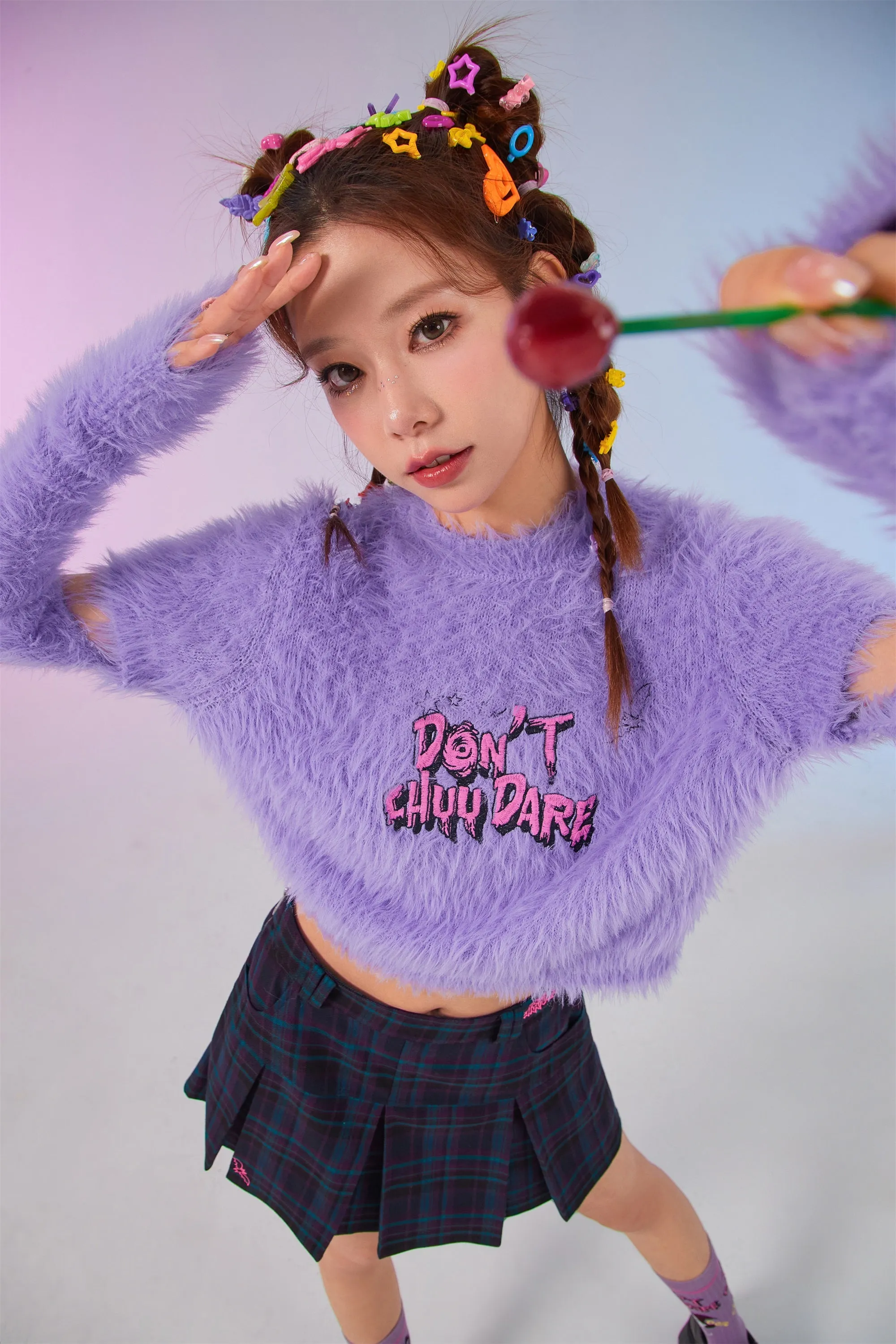 Fuzzy Sleeve Slit Crop Knit Sweater