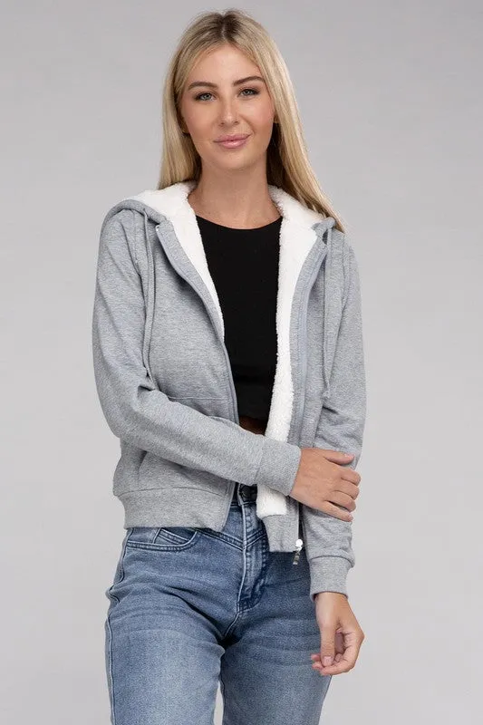 Fuzzy Trim Zip-Up Crop Hoodie