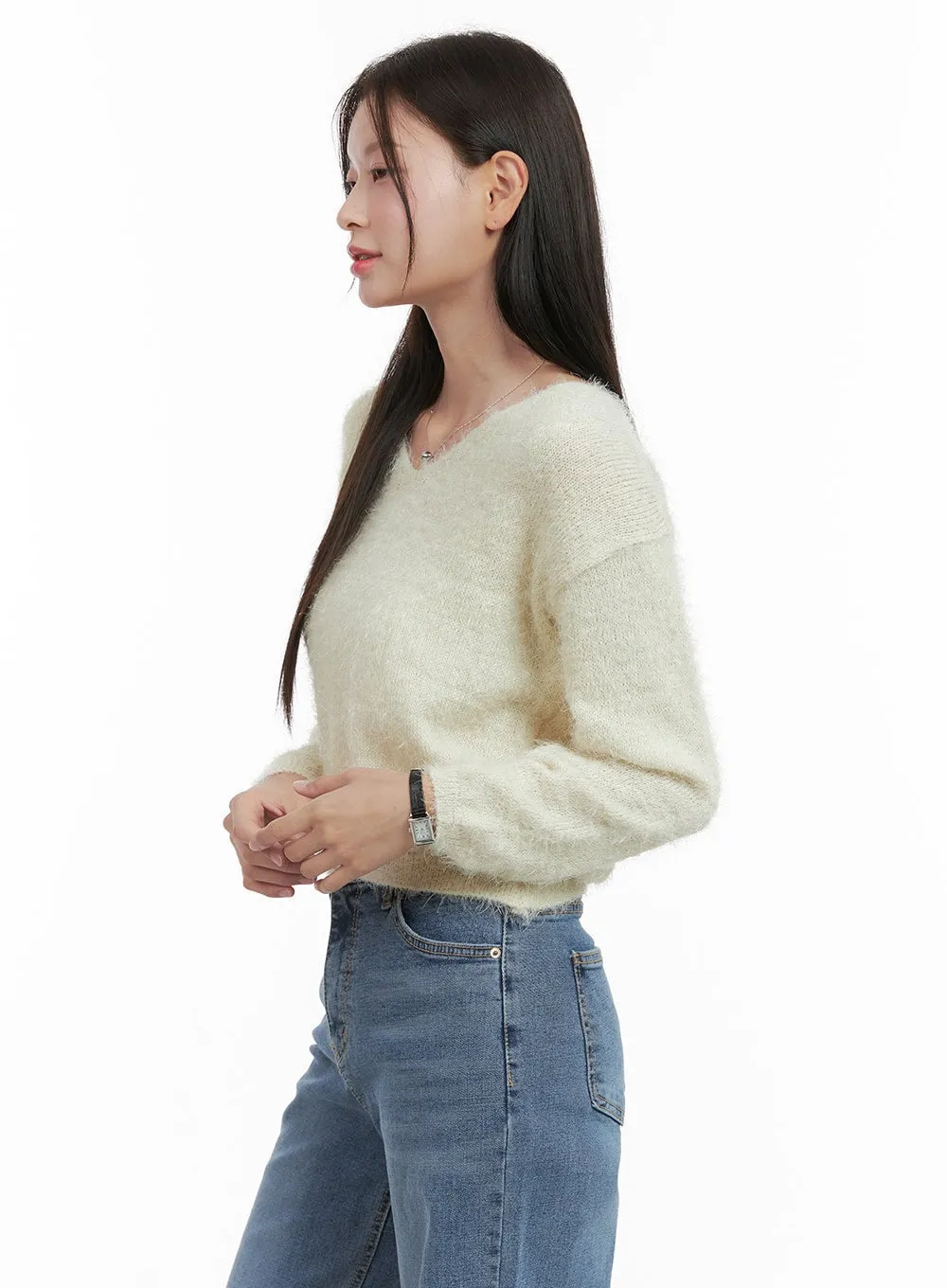 Fuzzy V-Neck Knit Sweater OG419