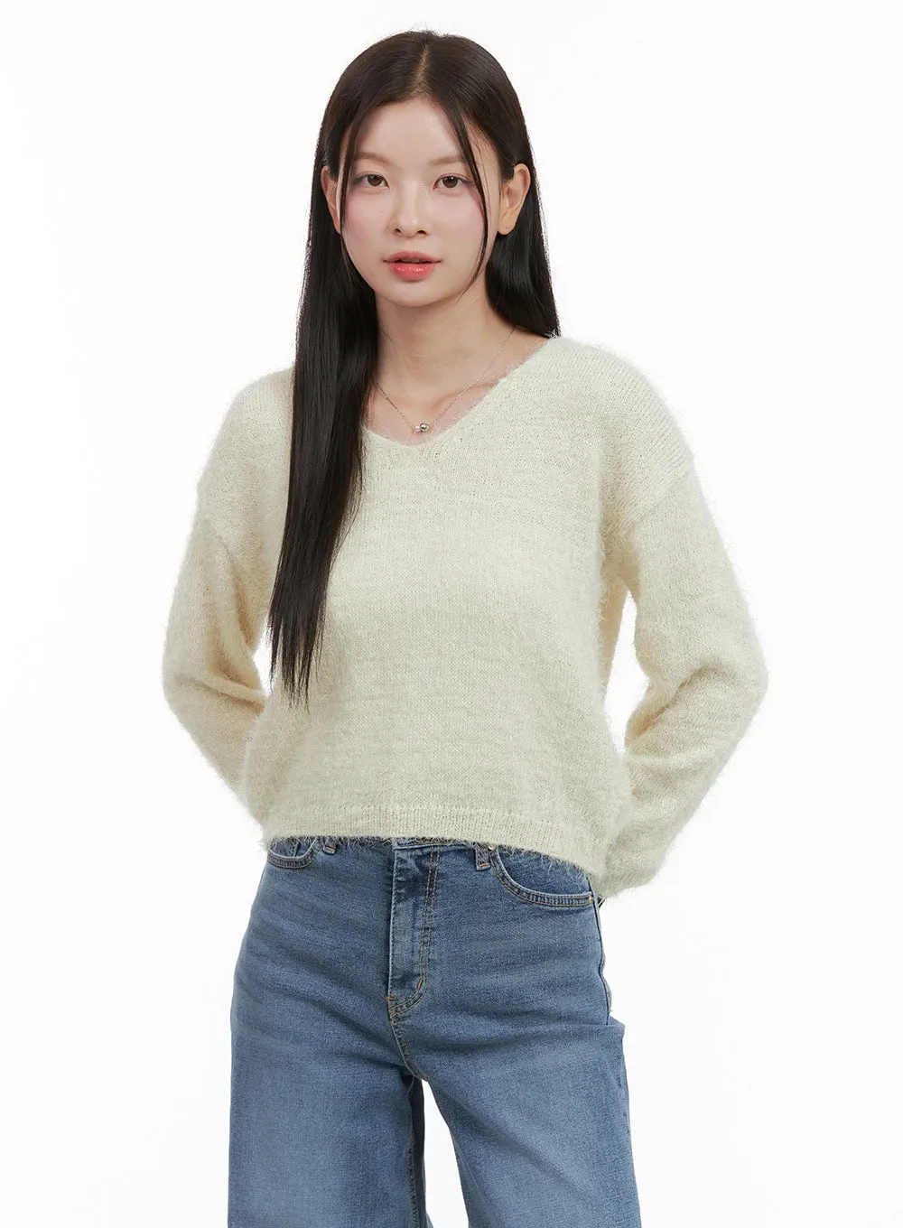 Fuzzy V-Neck Knit Sweater OG419