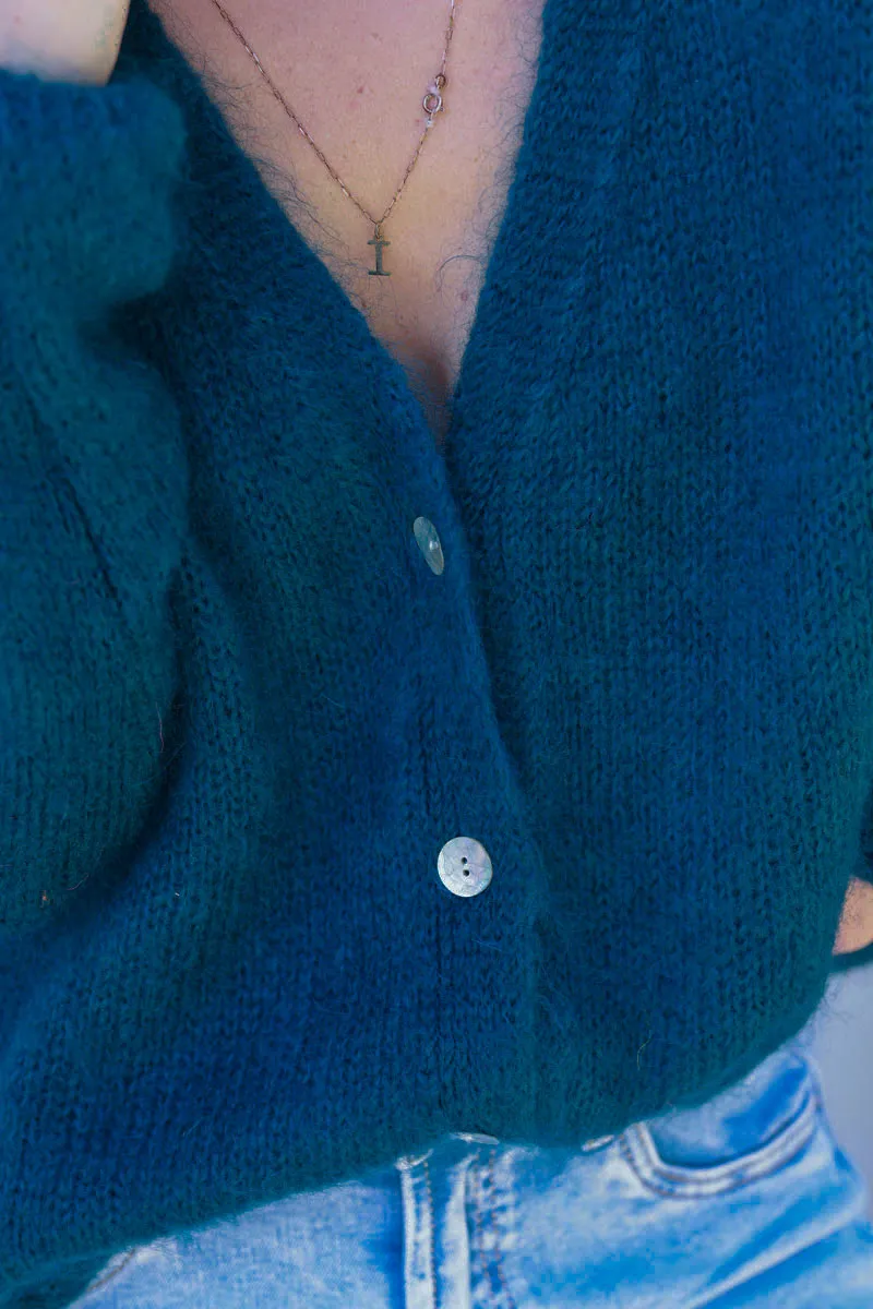 Gilet en maille bleu canard boutons nacrés