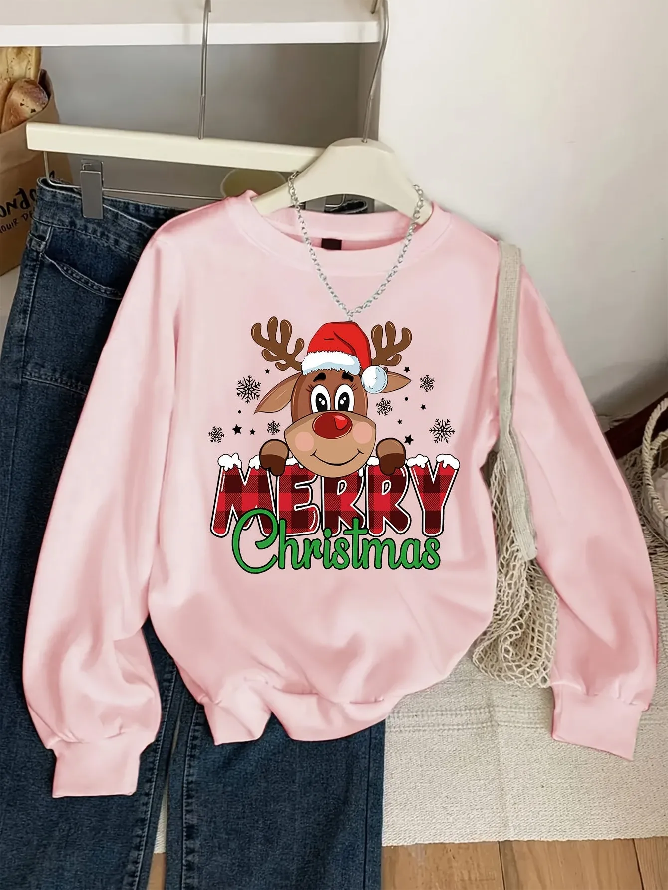 Girls' Festive Reindeer Print Sweatshirt - Cozy Polyester, Casual Long Sleeve Crew Neck for Fall/Winter, for Christmas, Autumn, Spring