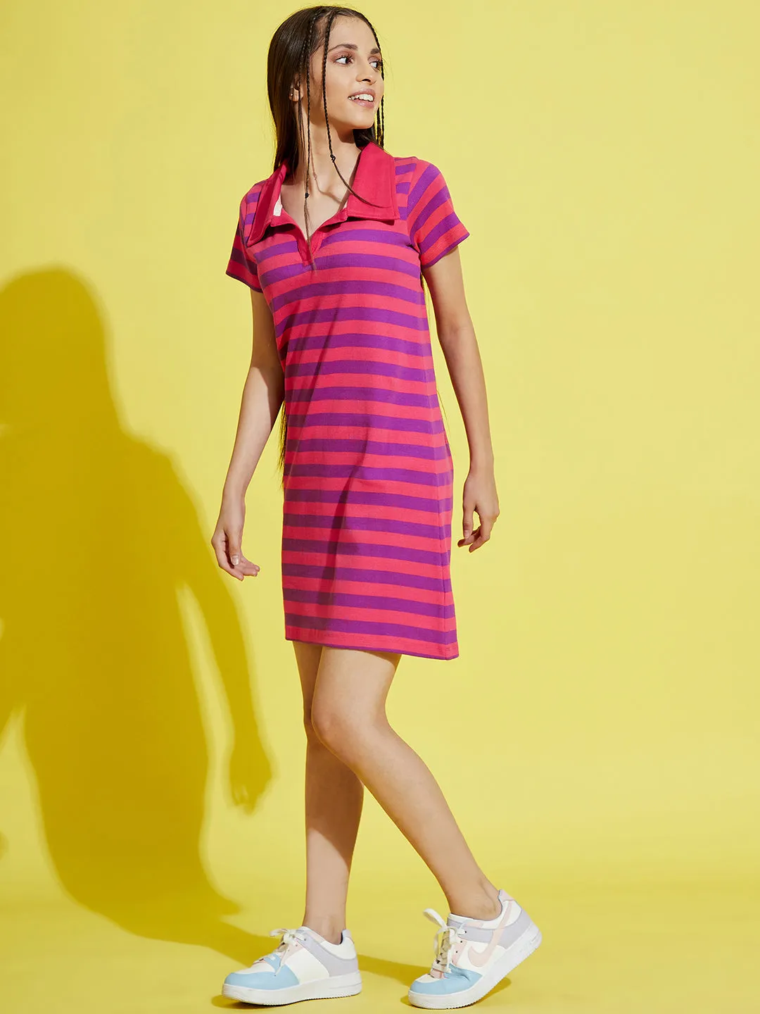 Girls Pink & Purple Stripes Rib Polo Neck Dress