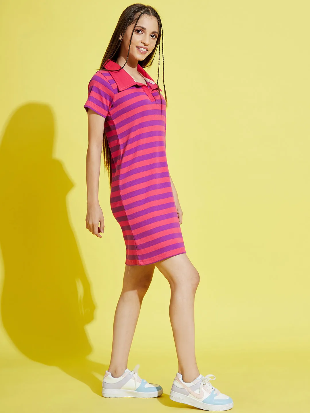 Girls Pink & Purple Stripes Rib Polo Neck Dress