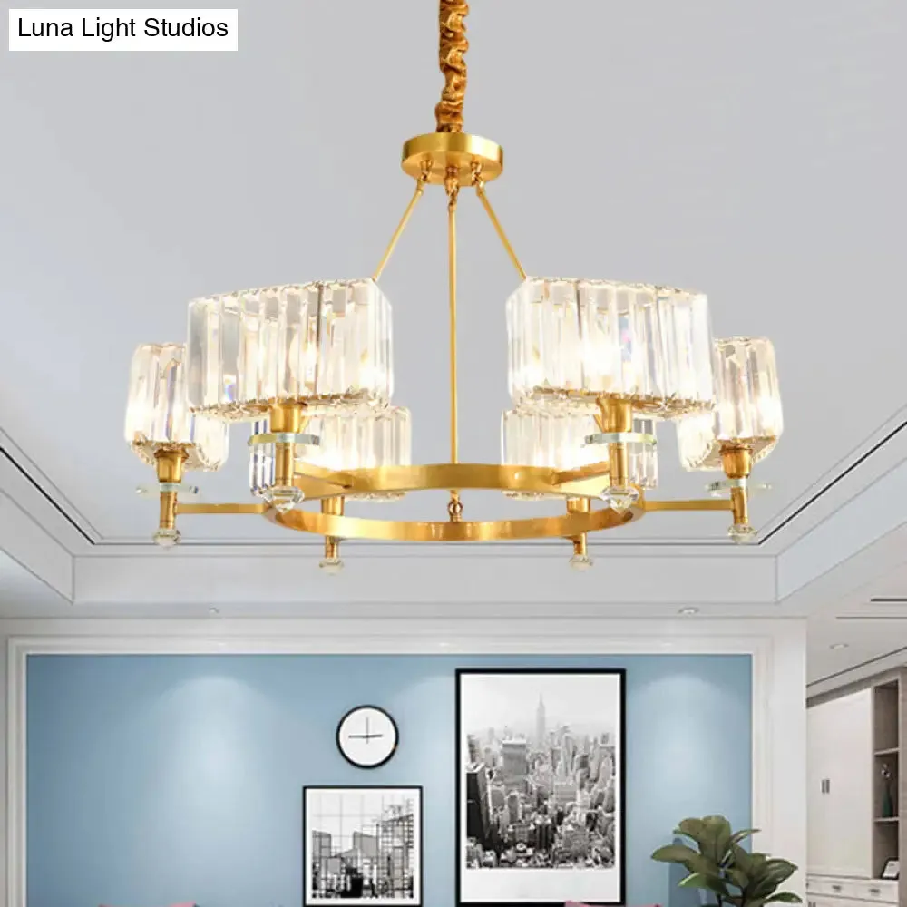 Gold Cuboid Crystal Pendant Chandelier: 3/6 Bulbs Suspension Lighting - Contemporary Design