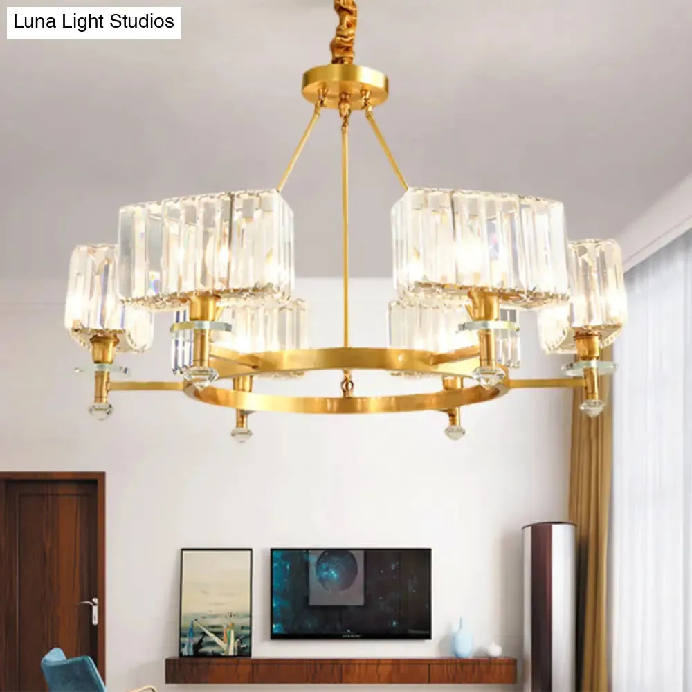 Gold Cuboid Crystal Pendant Chandelier: 3/6 Bulbs Suspension Lighting - Contemporary Design