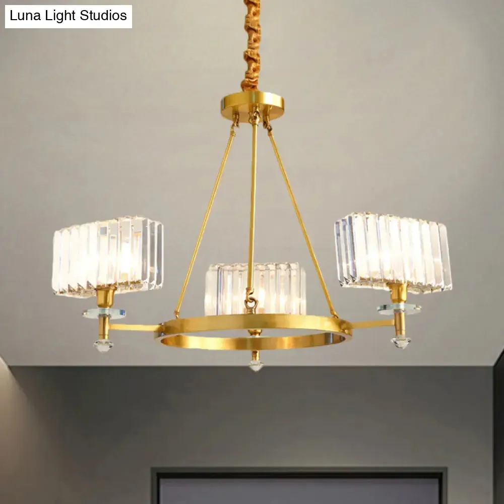 Gold Cuboid Crystal Pendant Chandelier: 3/6 Bulbs Suspension Lighting - Contemporary Design