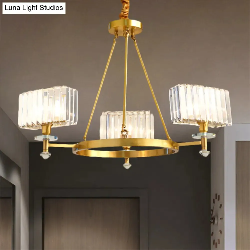 Gold Cuboid Crystal Pendant Chandelier: 3/6 Bulbs Suspension Lighting - Contemporary Design