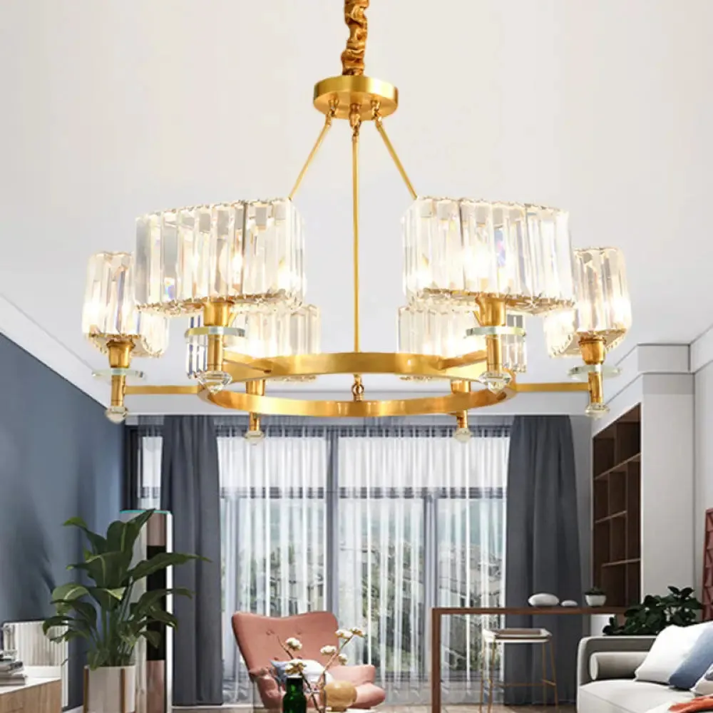 Gold Cuboid Crystal Pendant Chandelier: 3/6 Bulbs Suspension Lighting - Contemporary Design