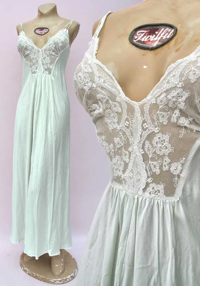 Gorgeous Vintage Mint Green Silk & Lace Nightgown • Full Slip • Charlotte Hilton