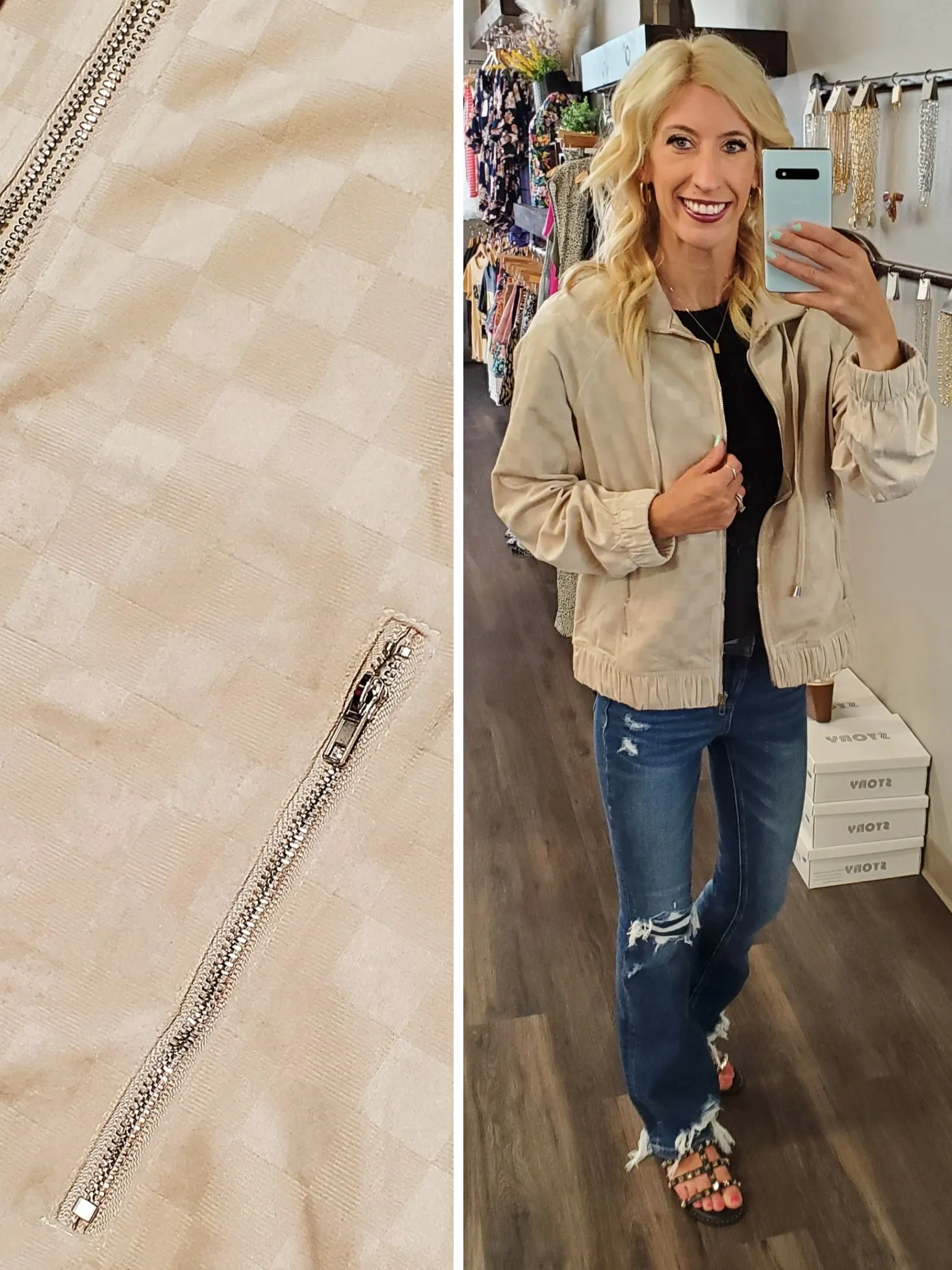 Gretta Checkered Velvet Bomber Jacket - Taupe - PLUS